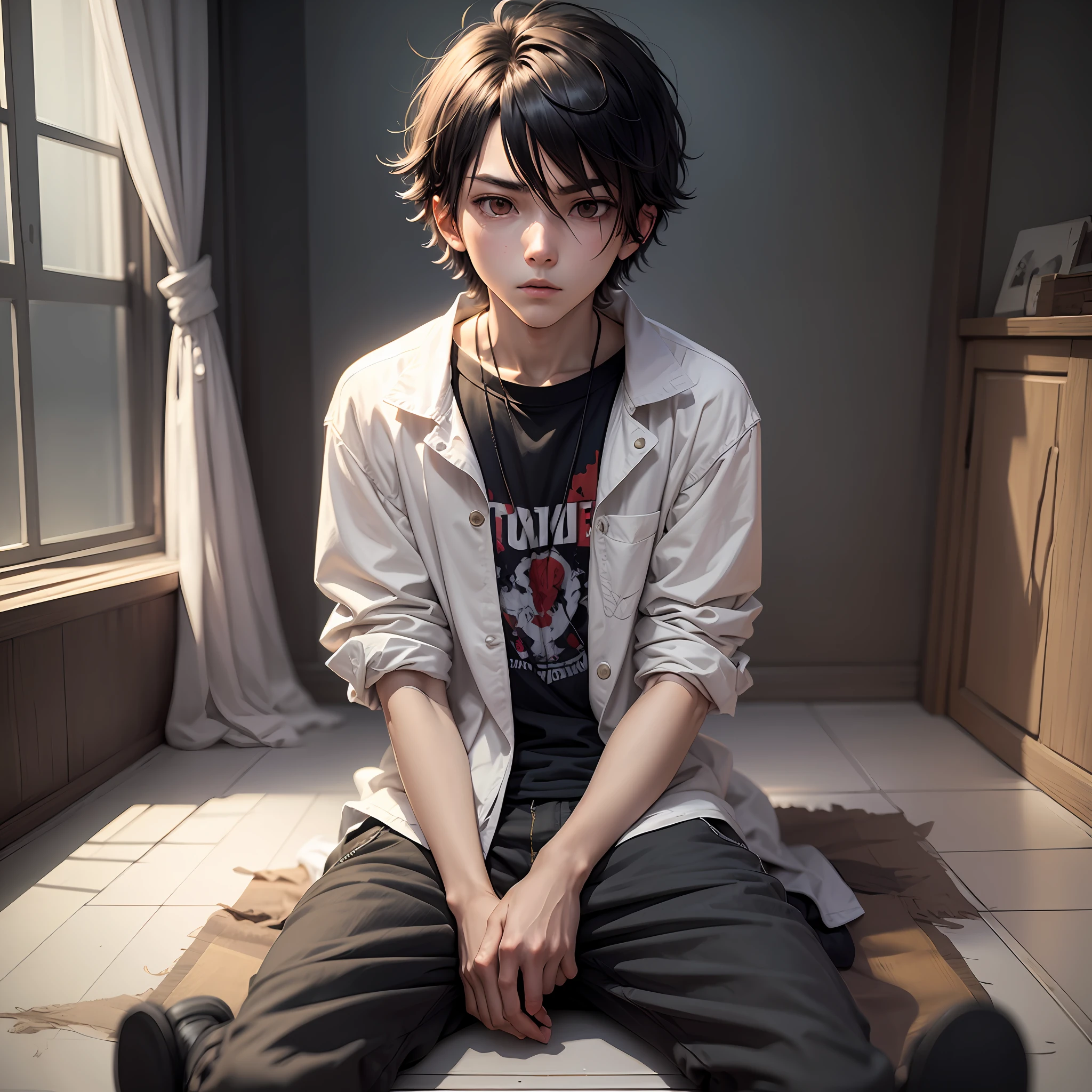 bored anime boy, sitting on the dark room, empty place, insane boy --auto --s2