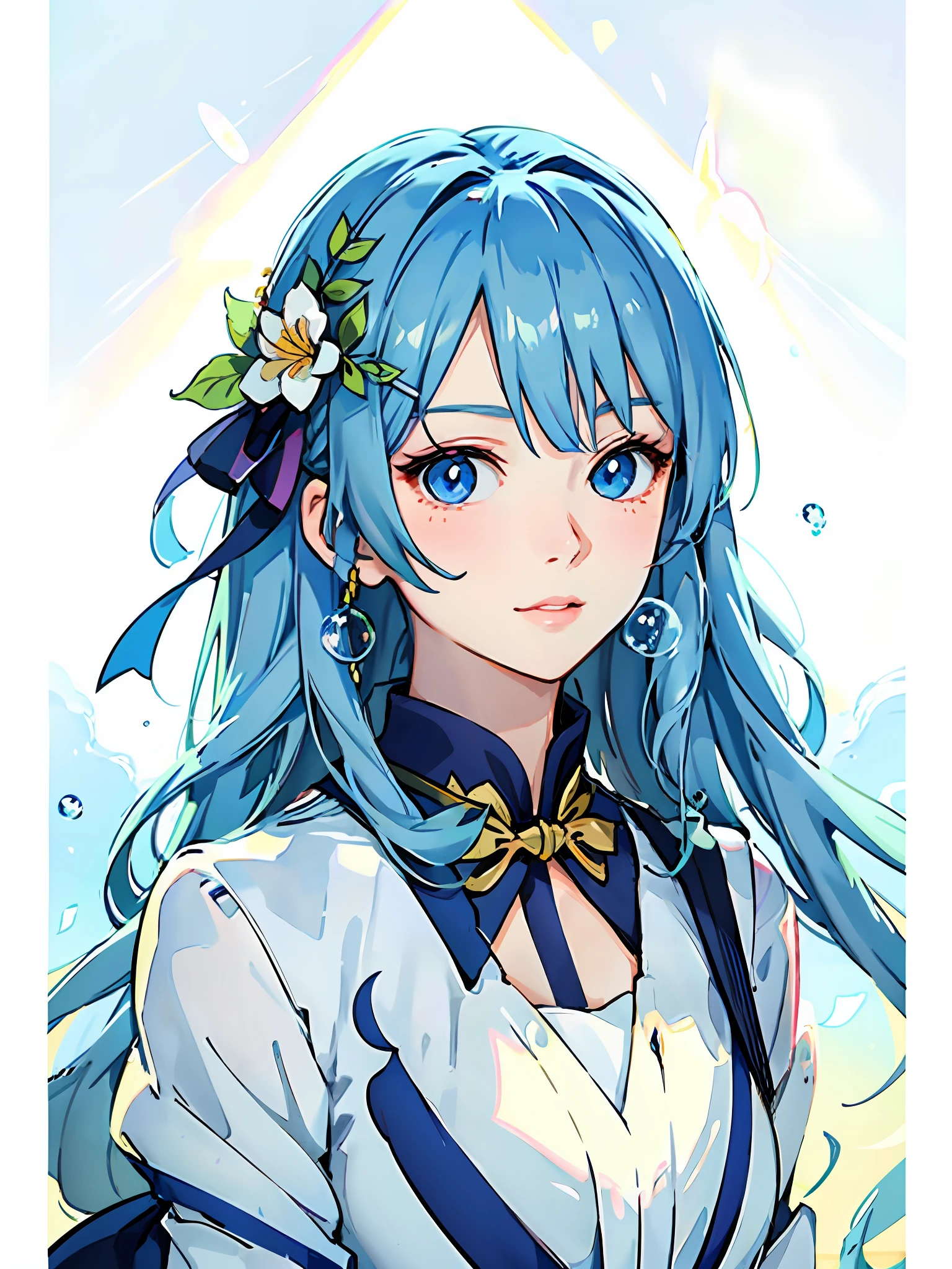 Anime girl with flower hairpins, a beautiful anime portrait, Stunning anime face portrait, Coming from the fire,A ray of light shines on the eyes,There are colored bubbles behind the hair,Bubbles glow