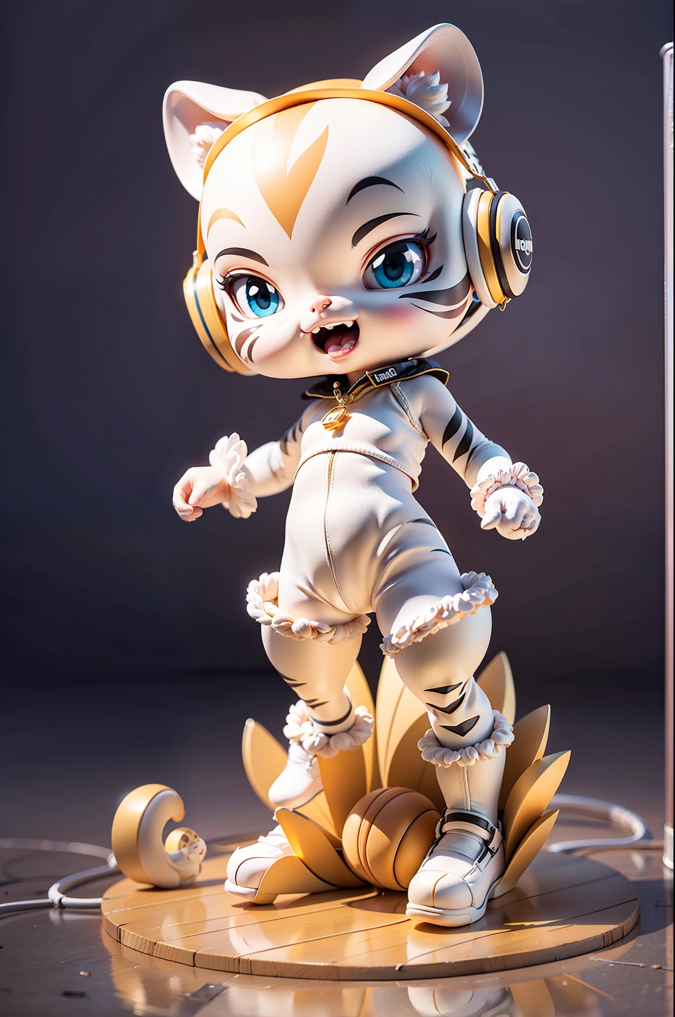 (Masterpiece), (Excellent), (Ultra Detailed), (Full Body: 1.2), (Solitary), White Theme, White Tiger Magician, Cute, Open Mouth, Smile, Headphones, Tiger Stripe, Popmart Blind Box, Clay Texture, Stepping on the Earth, Black and White Background, Natural Light, Best Quality, Ultra Detail, 3D Art, C4D, OC Renderer, 3D Rendering, 8K