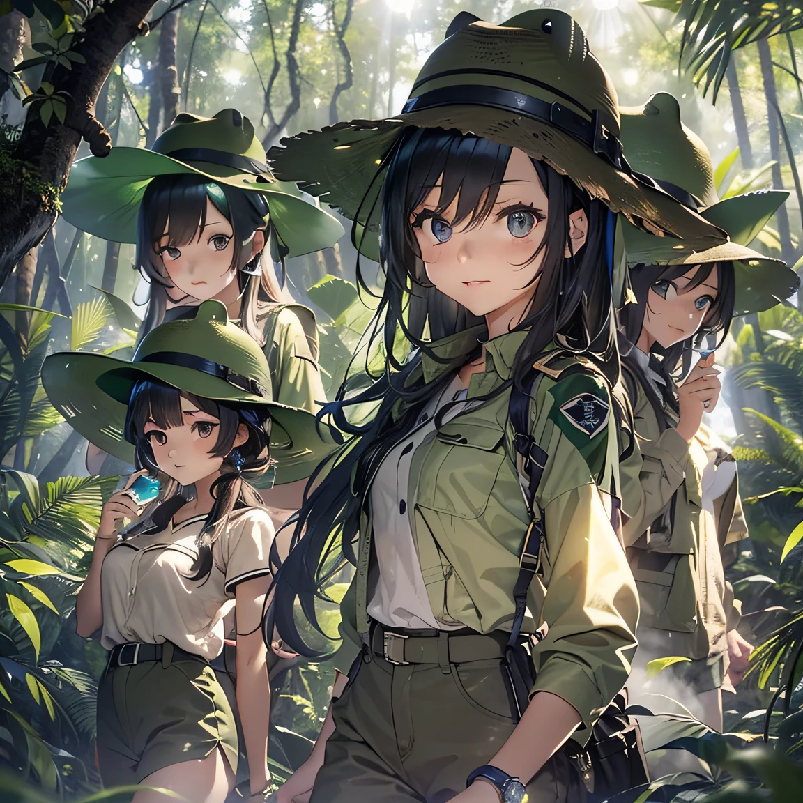 (Jungle Adventure):1.3、(Deep in the jungle):1.5、((In the dense rainforest, the sun does not reach and the grass is cleared without a path))、(3Adult Beauty):2、(((An expedition team consisting of adult beauties with black hair in safari hats and safari jackets walk in formation through the forest))):1.5、(The dim):1.3、(rays of moonlight):1.3、(dark):1.3、Accompanying photo、Encountering a sparkly object that you have never seen before