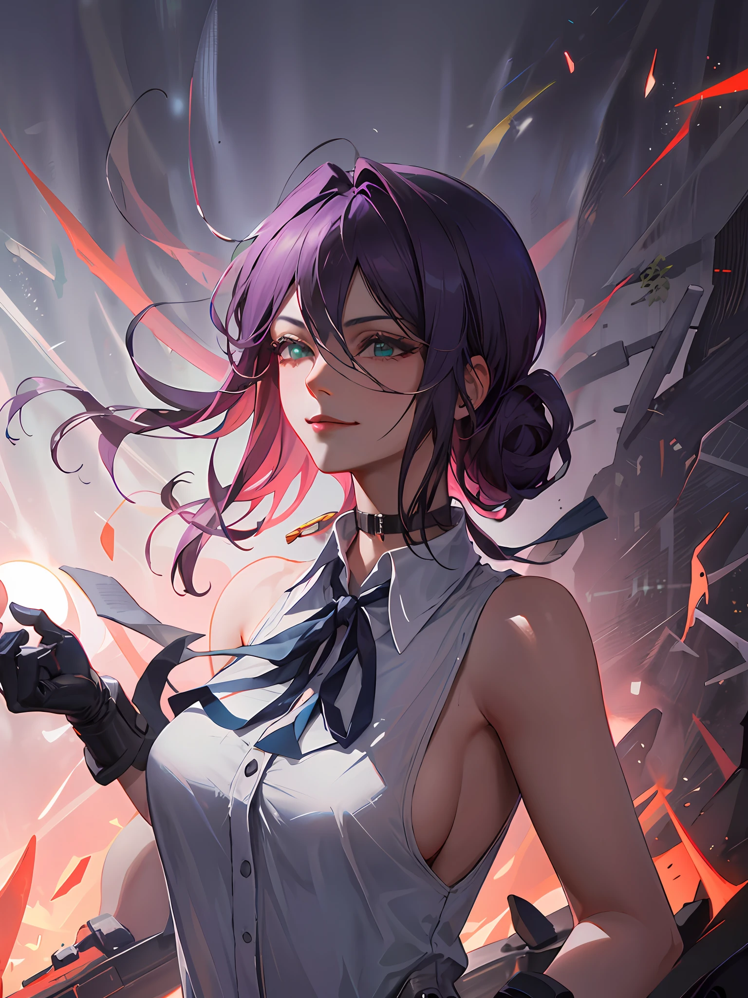 1girl, portrait of beautiful RezeCSM, solo, looking_at_viewer, smile, shirt, white_shirt, breasts, collared_shirt, hair_bun, upper_body, sleeveless, black_ribbon, ribbon, sleeveless_shirt, bare_shoulders, single_hair_bun, medium_breasts, purple_hair, black_gloves, gloves, sideboob,  volumetric lighting, best quality, masterpiece, intricate details, tonemapping, sharp focus, hyper detailed, trending on Artstation,