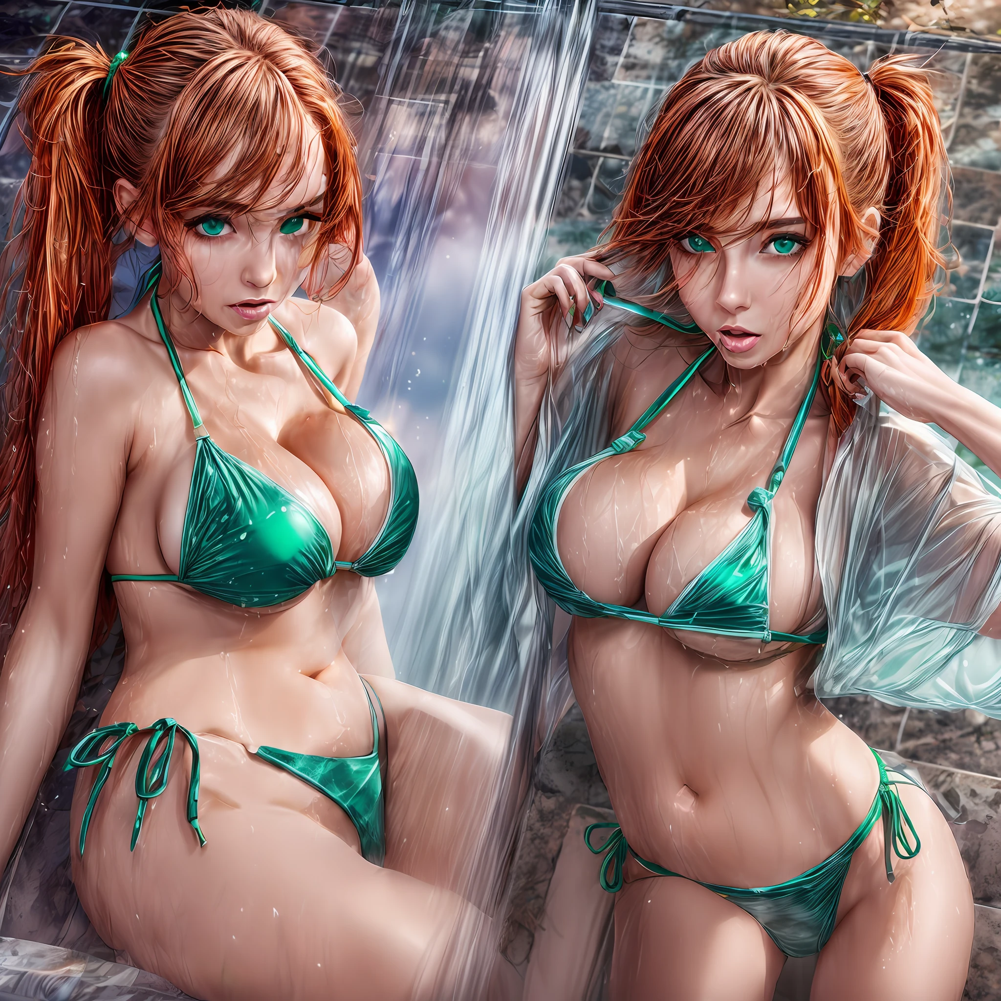 (masterpiece), best quality, ((expressive eyes)), ((perfect face)), (aroused expression:1.2), ((HD)), ((4K)), ((Pretty face)), (large breasts:1.5),((2girls)), (bikini), ((emerald green bikini:1.4)), small uniform, (tight uniform), ((panties)), ((upskirt:1.2)), (cleavage), ((from below:1.5)), from above, Rooftops, poolside, neon lights, sunset, (wet clothes), (see-through shirt:1.3), (open shirt), hard, night, long hair, pigtails, (((ginger hair))), ((wet hair)), ((green eyes)), curvy bum,