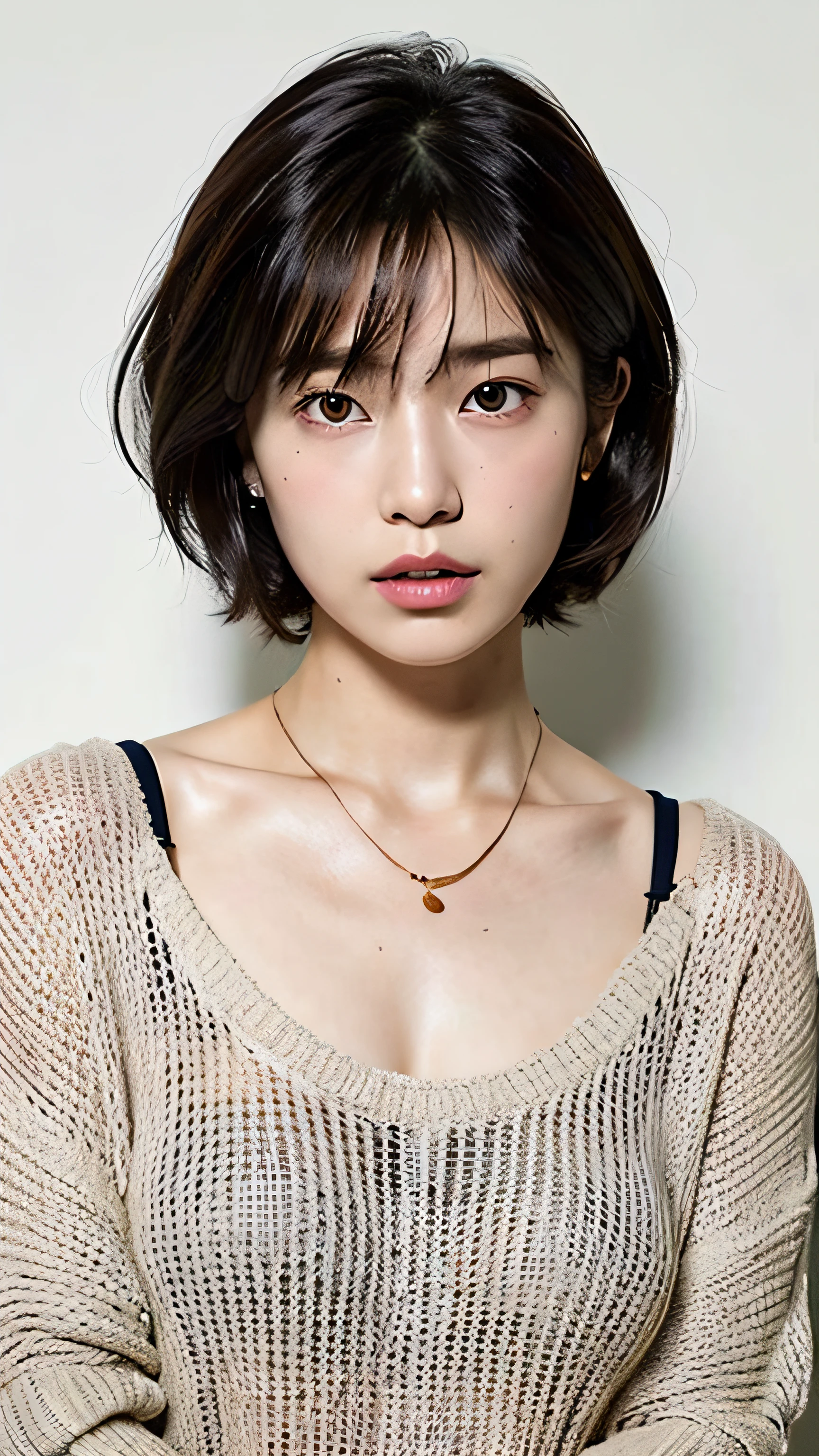 (Best quality, 8k, 32k, Masterpiece, UHD:1.2),Photo of Pretty Japanese woman, large breasts, very short bob hair,upper body,face focus,oversized_sweater, necklace, simple background, from above, looking at viewer,