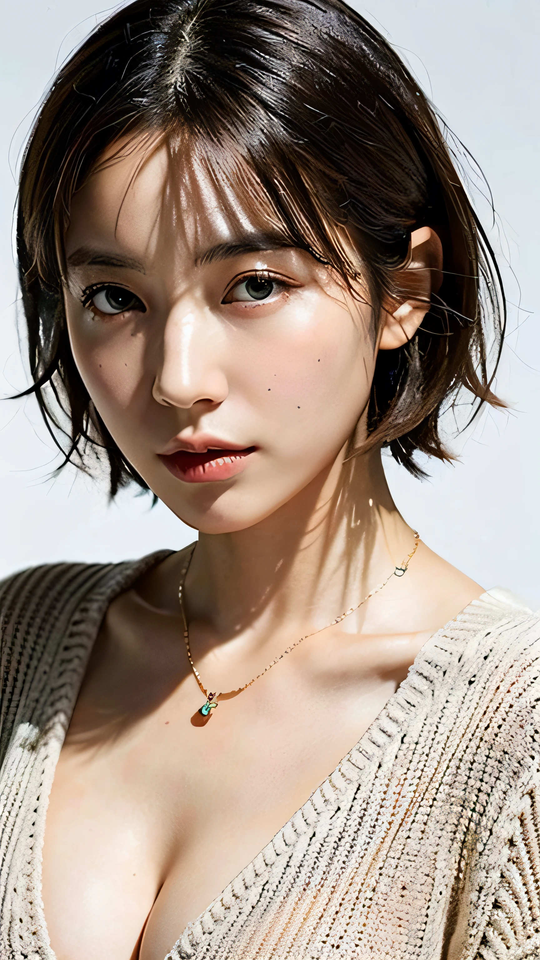 (Best quality, 8k, 32k, Masterpiece, UHD:1.2),Photo of Pretty Japanese woman, large breasts, very short bob hair,upper body,face focus,oversized_sweater, necklace, simple background, from above, looking at viewer,