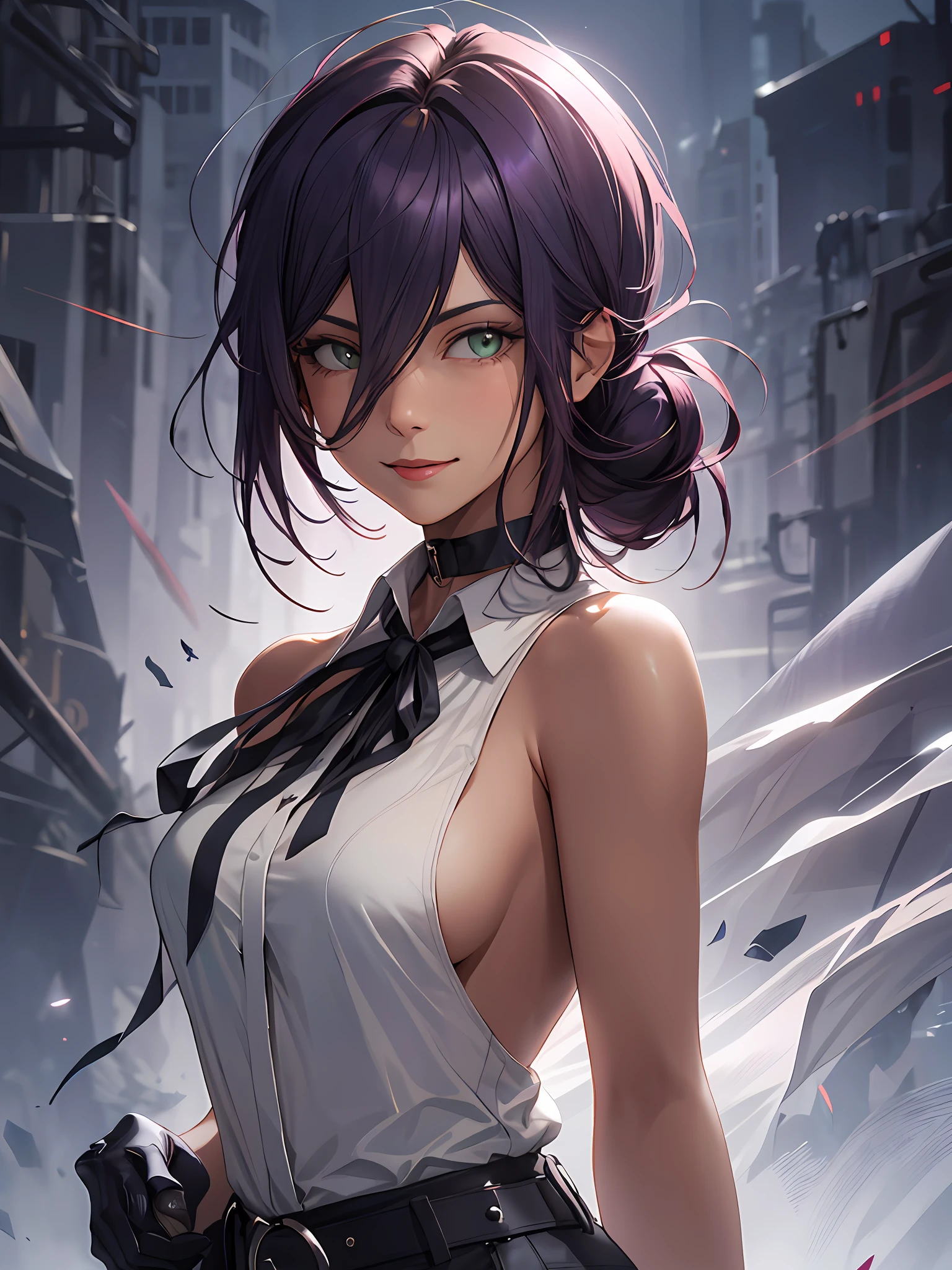 1girl, portrait of beautiful RezeCSM, solo, looking_at_viewer, smile, shirt, white_shirt, breasts, collared_shirt, hair_bun, upper_body, sleeveless, black_ribbon, ribbon, sleeveless_shirt, bare_shoulders, single_hair_bun, medium_breasts, purple_hair, black_gloves, gloves, sideboob,  volumetric lighting, best quality, masterpiece, intricate details, tonemapping, sharp focus, hyper detailed, trending on Artstation,