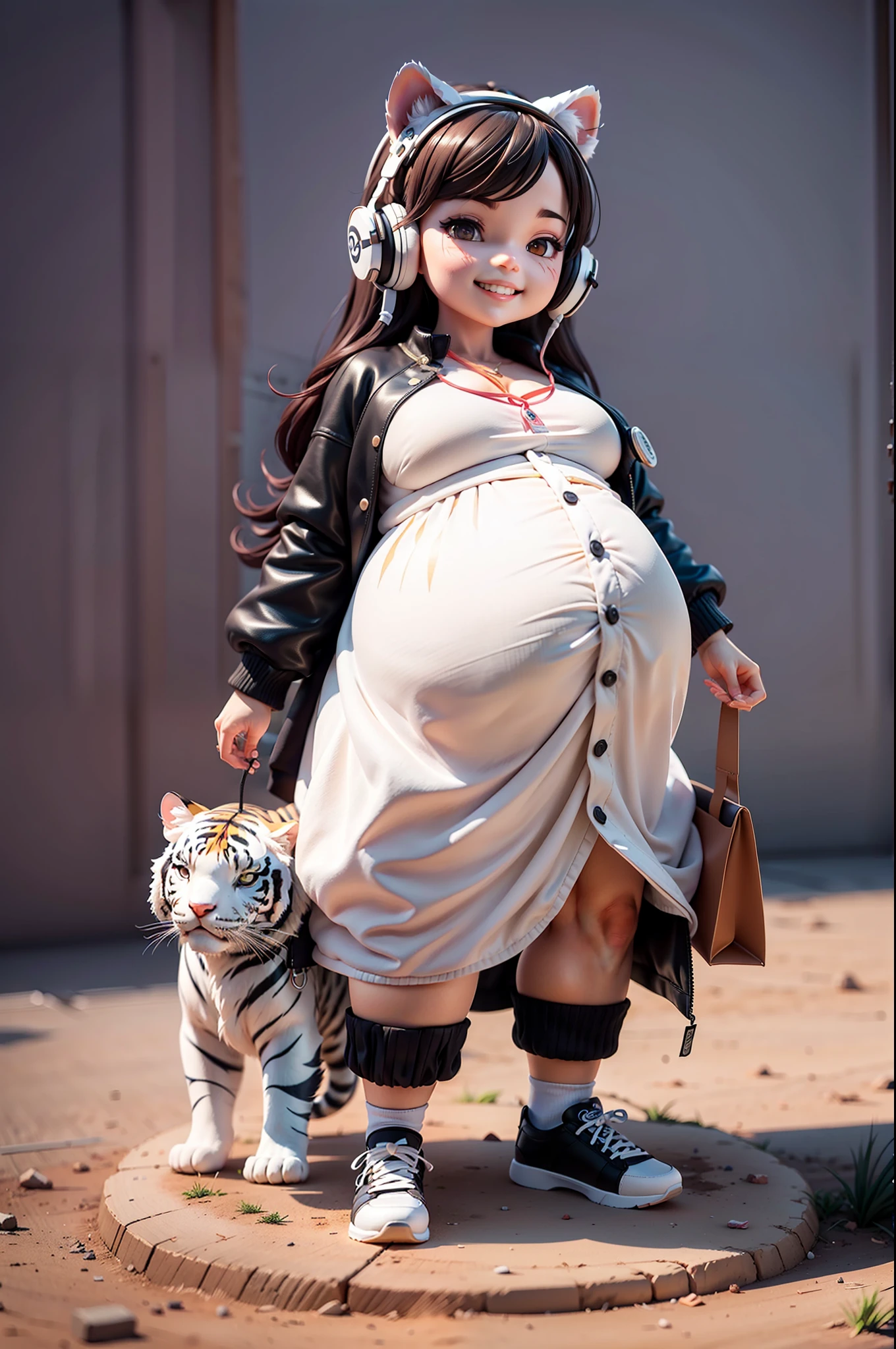 (Daisaku),(Need),(Super meticulous),(full bodyesbian:1.2),(soio),white theme,White Tiger Magician,adolable,Open-mouthed,grin,Earphone,Tiger stripe,gravid,Pregnant belly,Popmart blind box,Clay texture,Treading on the ground,Black and white background,natural lightting,Best quality at best,hyper-detailing,arte 3D,c4d, OC renderer, a 3D render, 8k