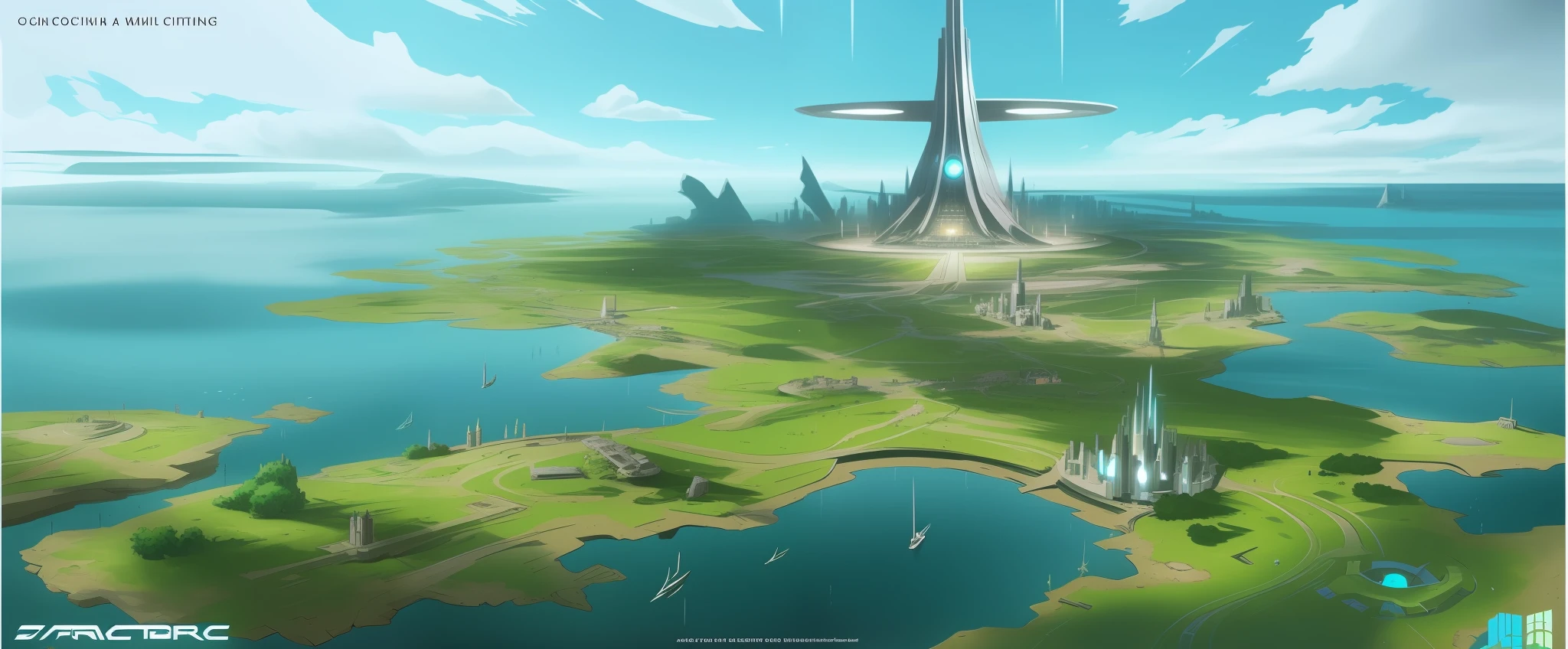 There is a picture of a futuristic city with a bell tower, concept world art, concept art scene, future concept art, concept art for a video game, archillect concept art, conceptartworld, metaverse concept art, Stylized concept art, concept-art. epic landscapes, concept art illustration, concept art rendering, concept-art, concept-art, Futuristic setting
