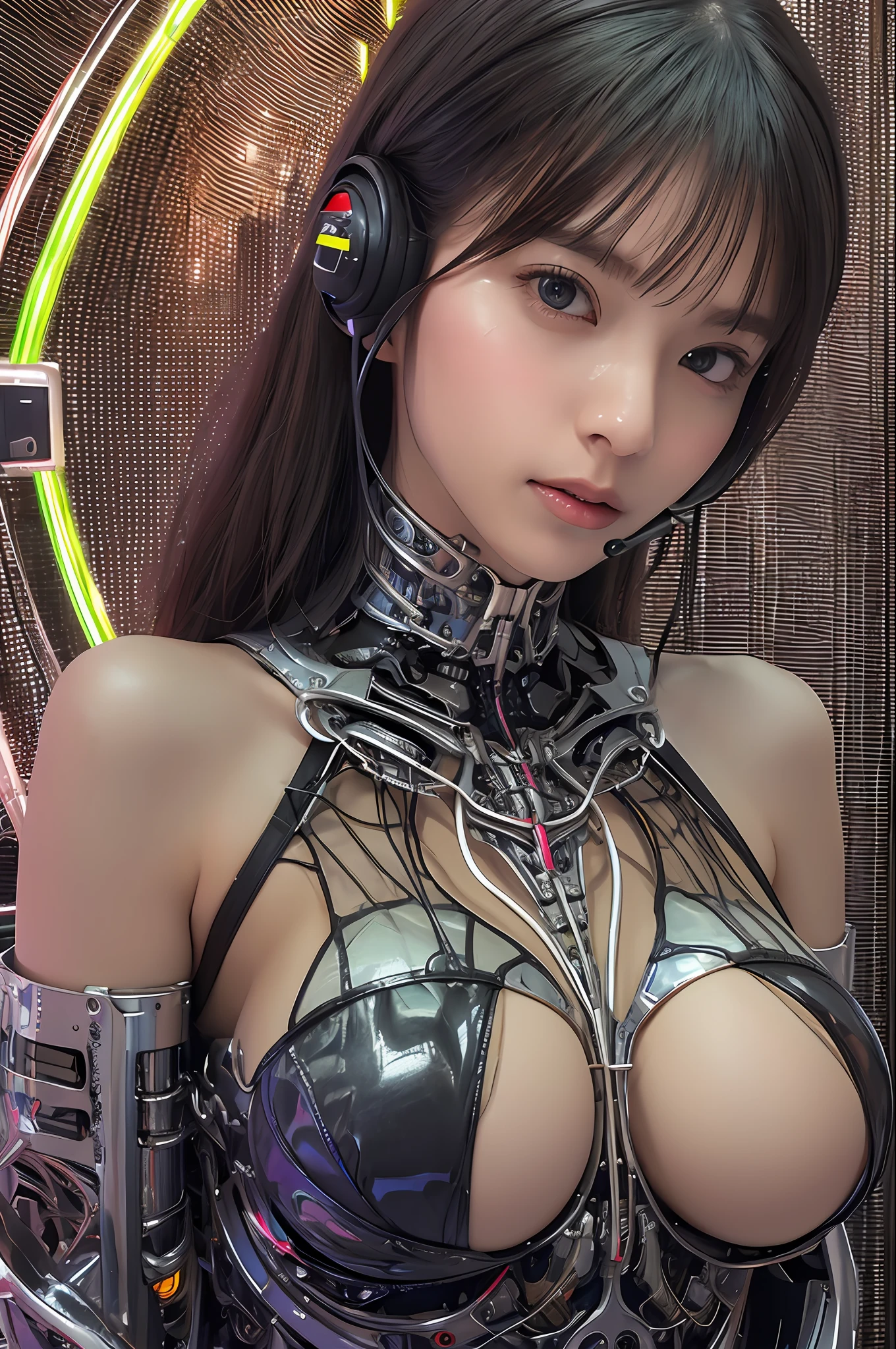 top-quality、​masterpiece、超A high resolution、(Photorealsitic:1.4)、Raw photo、Black hair、glowy skin、1 Cyborg Girl、((super realistic details))、portlate、Global Illumination、Shadow、octan render、8K、ultrasharp、Colossal tits、Raw skin is exposed in cleavage、Bionic Cyborg Girl、Black fiberglass body、Insect specifics、Biological curve form、Hydraulic cylinder、highly intricate detail、Realistic light、CGSoation Trends、a purple eye、radiant eyes、Facing the camera、neon details、blood vessels connected to tubes、Mechanical vertebrae attached to the back、mechanical cervical attaching to neck、sitting on、Wires and cables connecting to the head、Gorgeous headset、Glowing LED lamp、The background is a steampunk room、