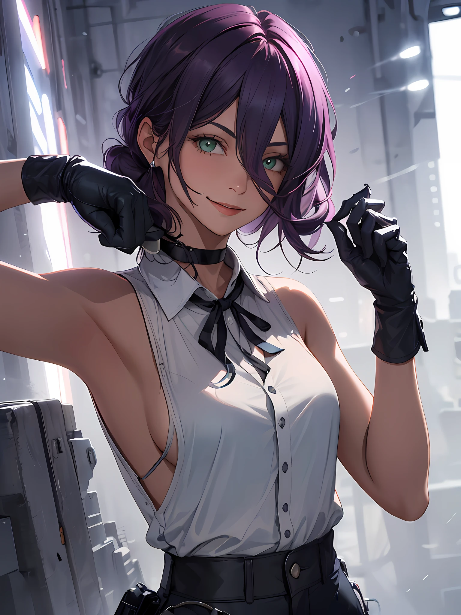 1girl, portrait of beautiful RezeCSM, solo, looking_at_viewer, smile, shirt, white_shirt, breasts, collared_shirt, hair_bun, upper_body, sleeveless, black_ribbon, ribbon, sleeveless_shirt, bare_shoulders, single_hair_bun, medium_breasts, purple_hair, black_gloves, gloves, sideboob,  volumetric lighting, best quality, masterpiece, intricate details, tonemapping, sharp focus, hyper detailed, trending on Artstation,