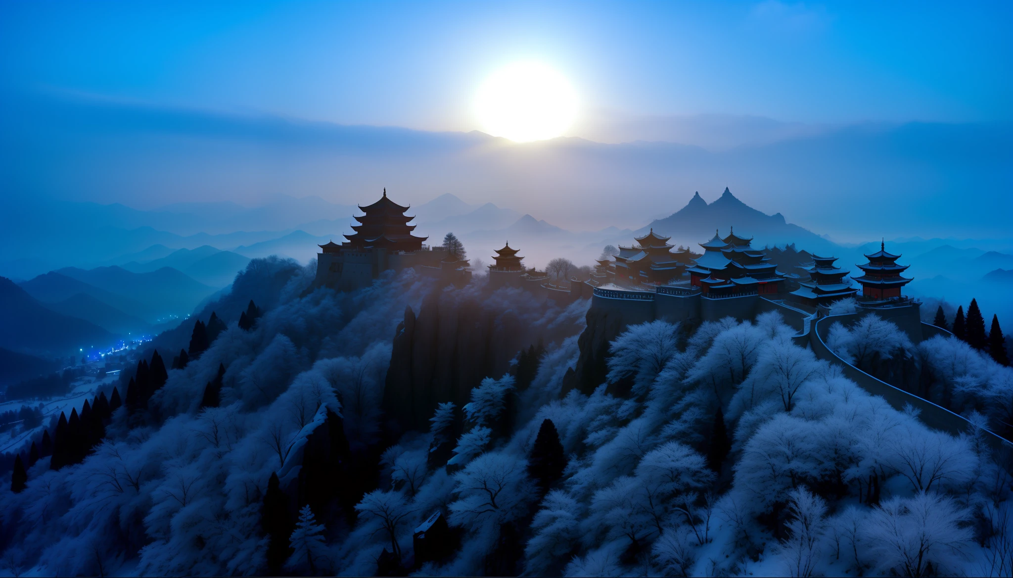 Alafid view of the mountain,There is a castle in the middle, dreamy Chinese towns, ancient city of white stone, the taoist temples of huangshan, Ancient Chinese architecture, zhangjiajie in early morning, Snow, cyberpunk chinese ancient castle, Chinese landscape, pagodas on hills, Mist, Winter sun, Wonderful, stunning sight, Snowy