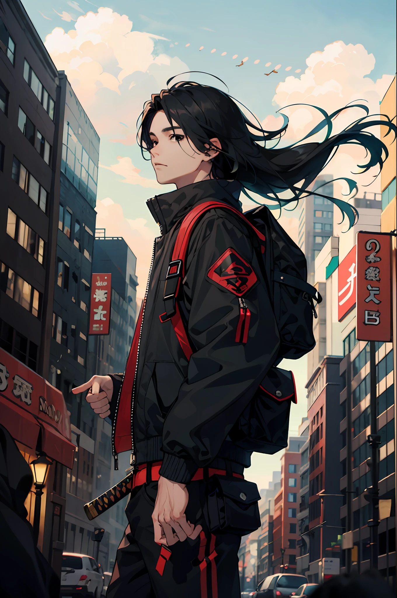 masterpiece, top quality, best quality, official art, beautiful and aesthetic:1.2), (1man), teen man, young man, man of 16, extreme detailed,(fractal art:1.3),colorful,highest detailed, black hair, long hair, wavy hair, black eyes, big city, zombies around, katana in hand, backpack, wind, destroyed city, protective clothing