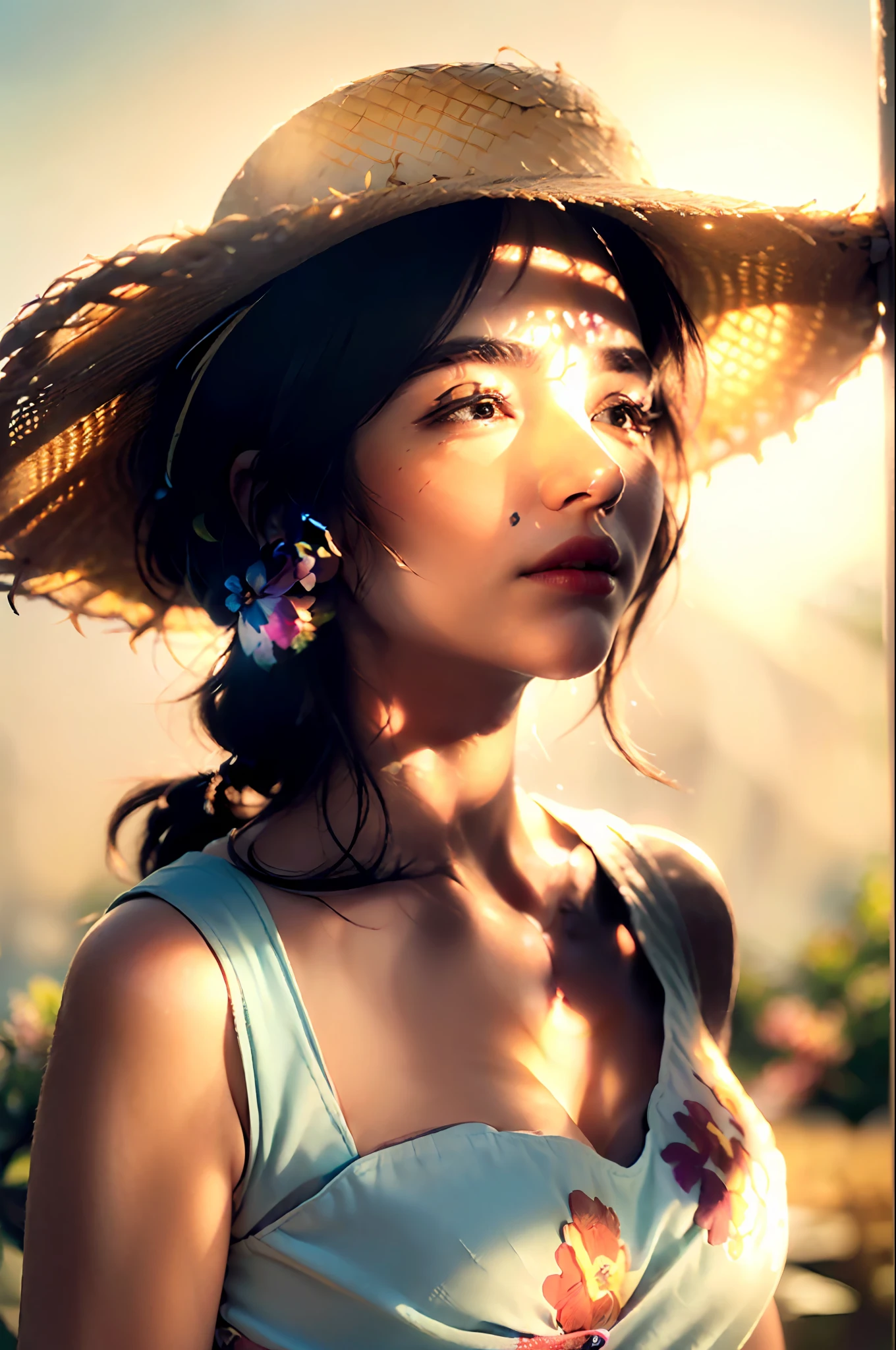 (extreme close up:1.5), (face focus:2),(Style of ???? ???:1.5),
((side face:2)),(1girl surrounded by soft_light:1.5), (backlighting:1.8), (lighting),(flowing fabric:1.3), ((Floral_summer_dress:1.5),(Straw_hat:1.3)),
(masterpiece), realistic, HDR, highly detailed, 8k, raw photo,
ambient occlusion, natural, harmonious composition, warm tones, fine art photography,