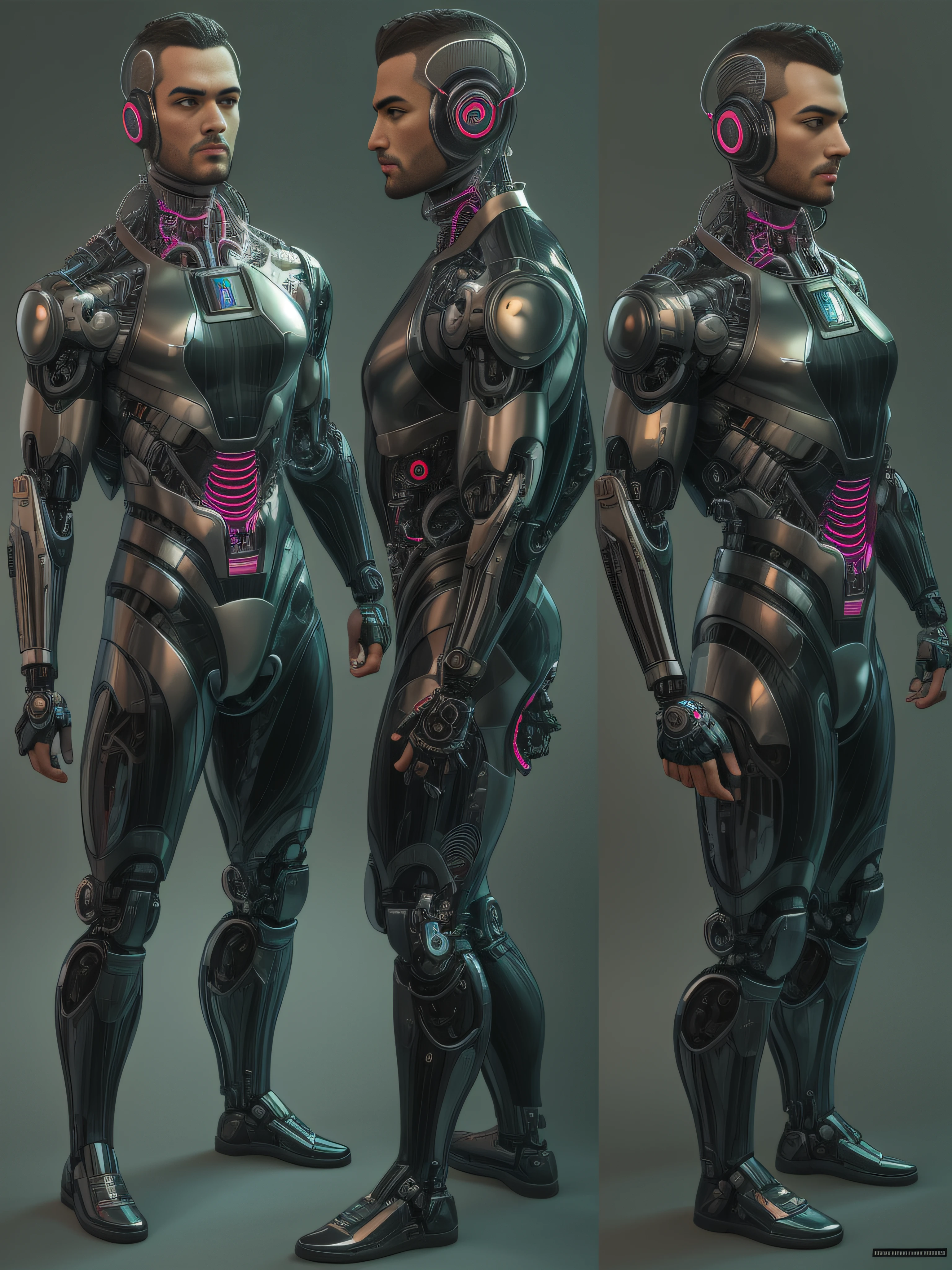 Alafid man in black latex suit,Metallic body, cyberpunk art inspired by Marek Okon, Zbrush Central Contest Winner, Digital art, bionic scifi alexandre ferra, cyborg neck, cyborg male, male cyborg, cyborg fashion model, portrait of a cyborg, detailed portrait of a cyborg, cybernetic neck implant, portrait of a futuristic robot,Muscular macho,whole body display
