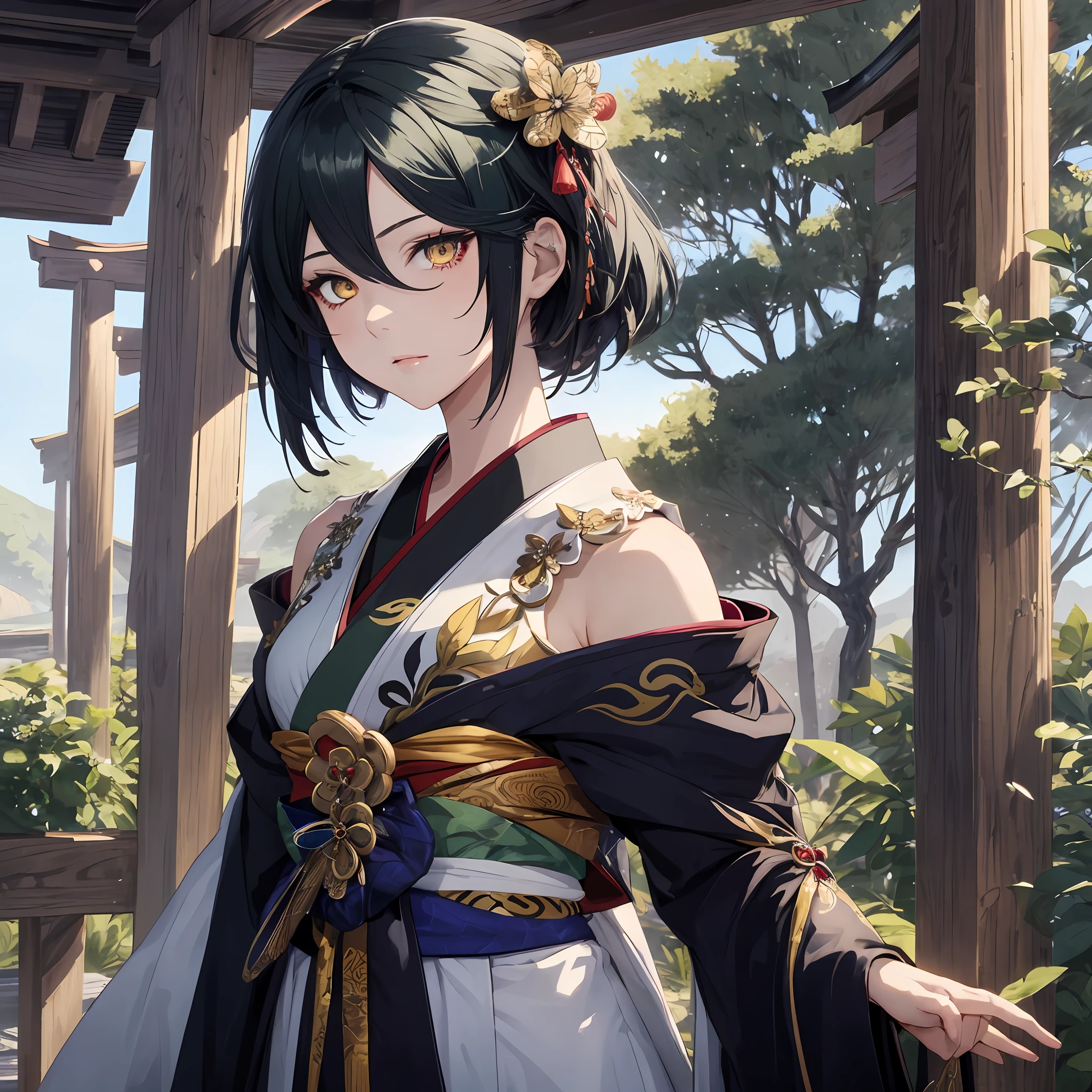 masterpiece, best quality, 1girl, teenager, female focus, solo, black greenish hair, long hair, vibrant yellow eyes, looking at viewer, closed mouth, Fantasy aesthetics, Highly detailed, shadowverse style, japanese attire, shrine maiden, red eye make up