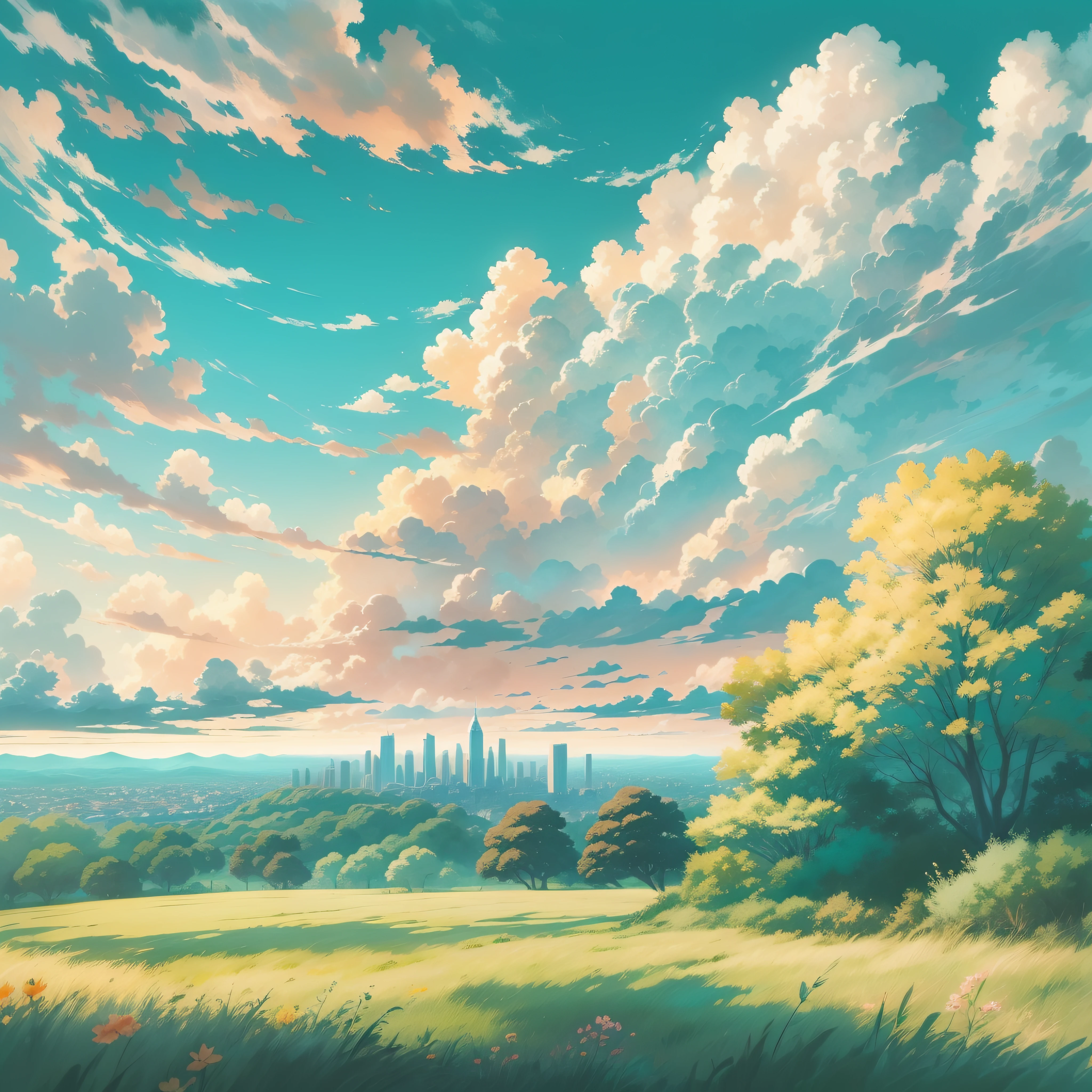 animesque、Skyscape with clouds、Landscape without buildings、You can see the touch of the brush、Studio Ghibli、Ghibli、Scenery、Style、Golden Time、sky line