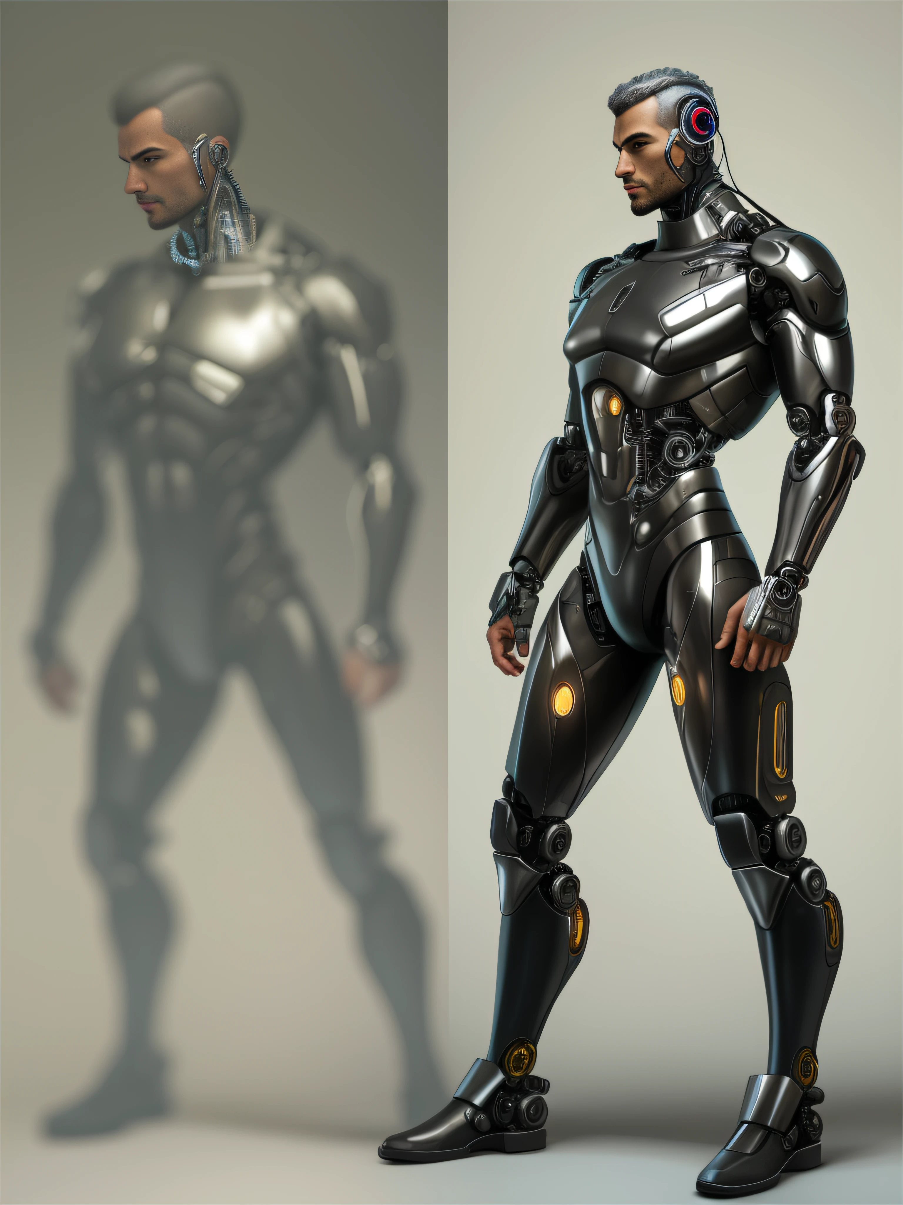 Alafid man in black latex suit，Metallic body, cyberpunk art inspired by Marek Okon, Zbrush Central Contest Winner, Digital art, bionic scifi alexandre ferra, cyborg neck, cyborg male, male cyborg, cyborg fashion model, portrait of a cyborg, detailed portrait of a cyborg, cybernetic neck implant, portrait of a futuristic robot,Muscular macho，whole body display