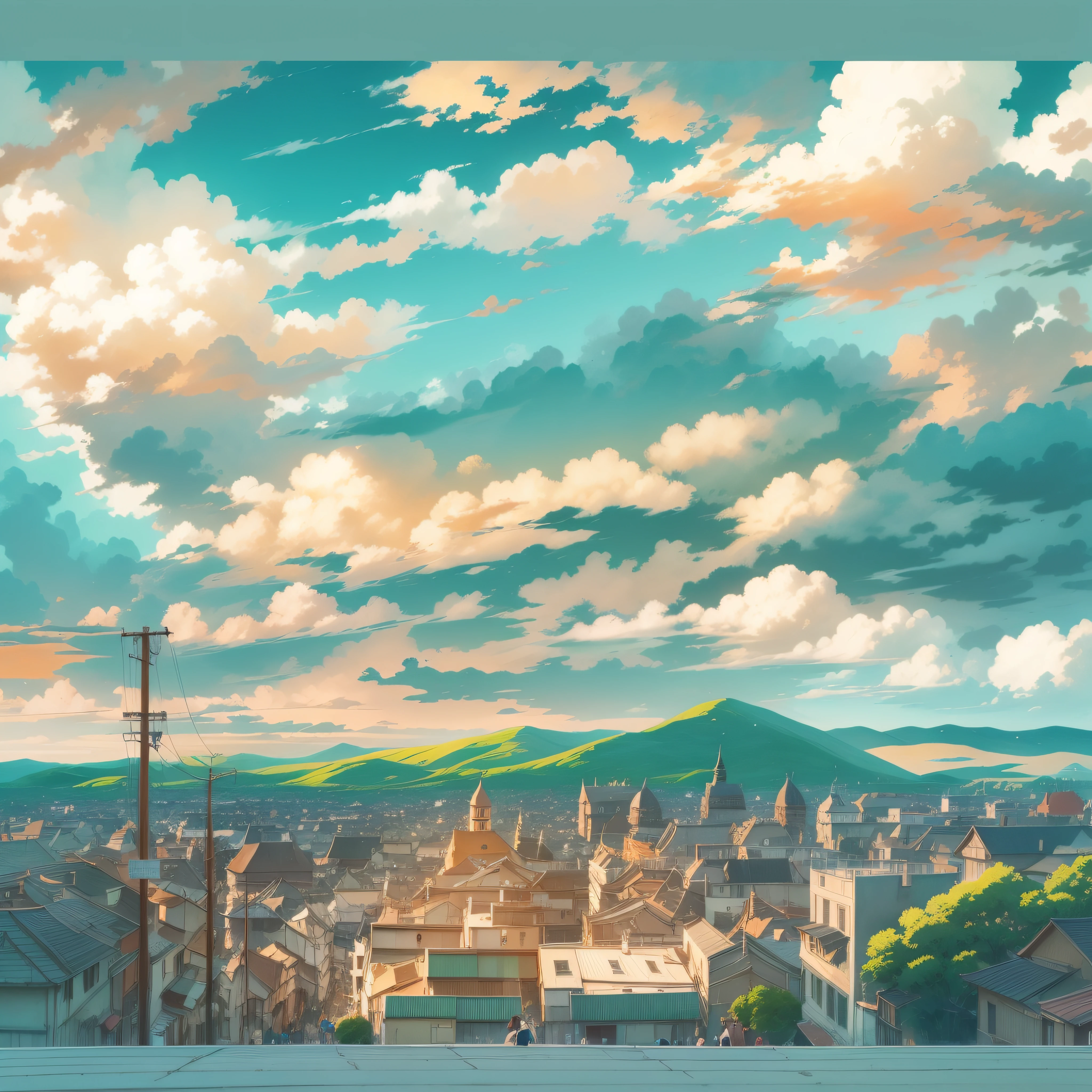 animesque、Skyscape with clouds、Landscape without buildings、You can see the touch of the brush、Studio Ghibli、Ghibli、Scenery、Style、Golden Time、sky line