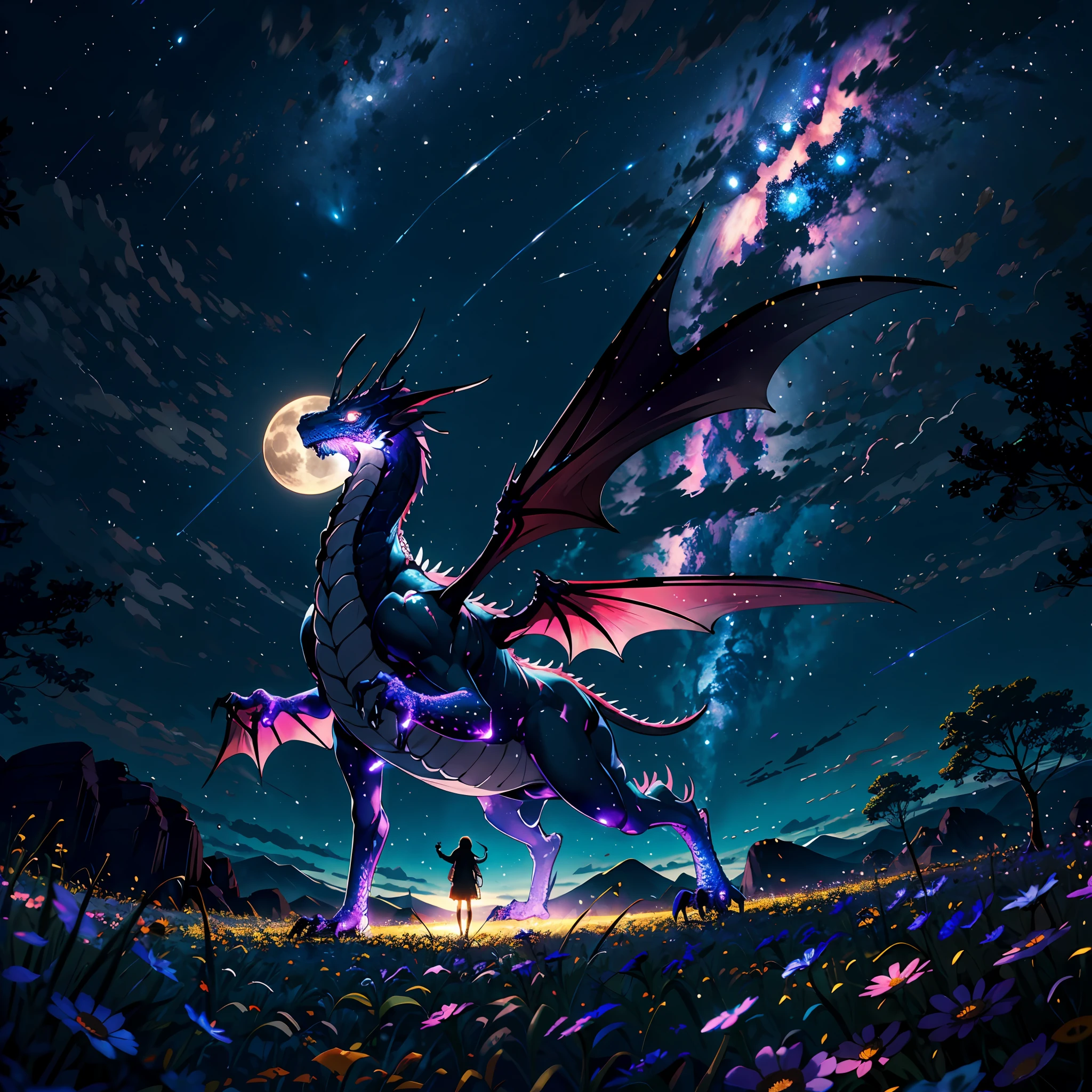 Vast landscape photos、(View from below with a view of the sky and the wilderness below)、Girl standing in a flower field and looking up、(fullmoon:1.2)、(shooting stars:0.9)、(nebulas:1.3)、mountain in the distance、Tree Break Production Art、(Warm color light source:1.2)、(fireflys:1.2)、abajour、Purple and orange、intricate detailes、Volume Lighting BREAK (masterpiece:1.2)、(top-quality)、4K、ultra-detailliert、(The composition of the movement:1.4)、Highly detailed and colorful details(Irridescent color:1.2)、(Glowing lighting、Atmospheric illumination)、dream-like、Magical、(独奏:1.2)、Milky Way like a dragon、The dragon