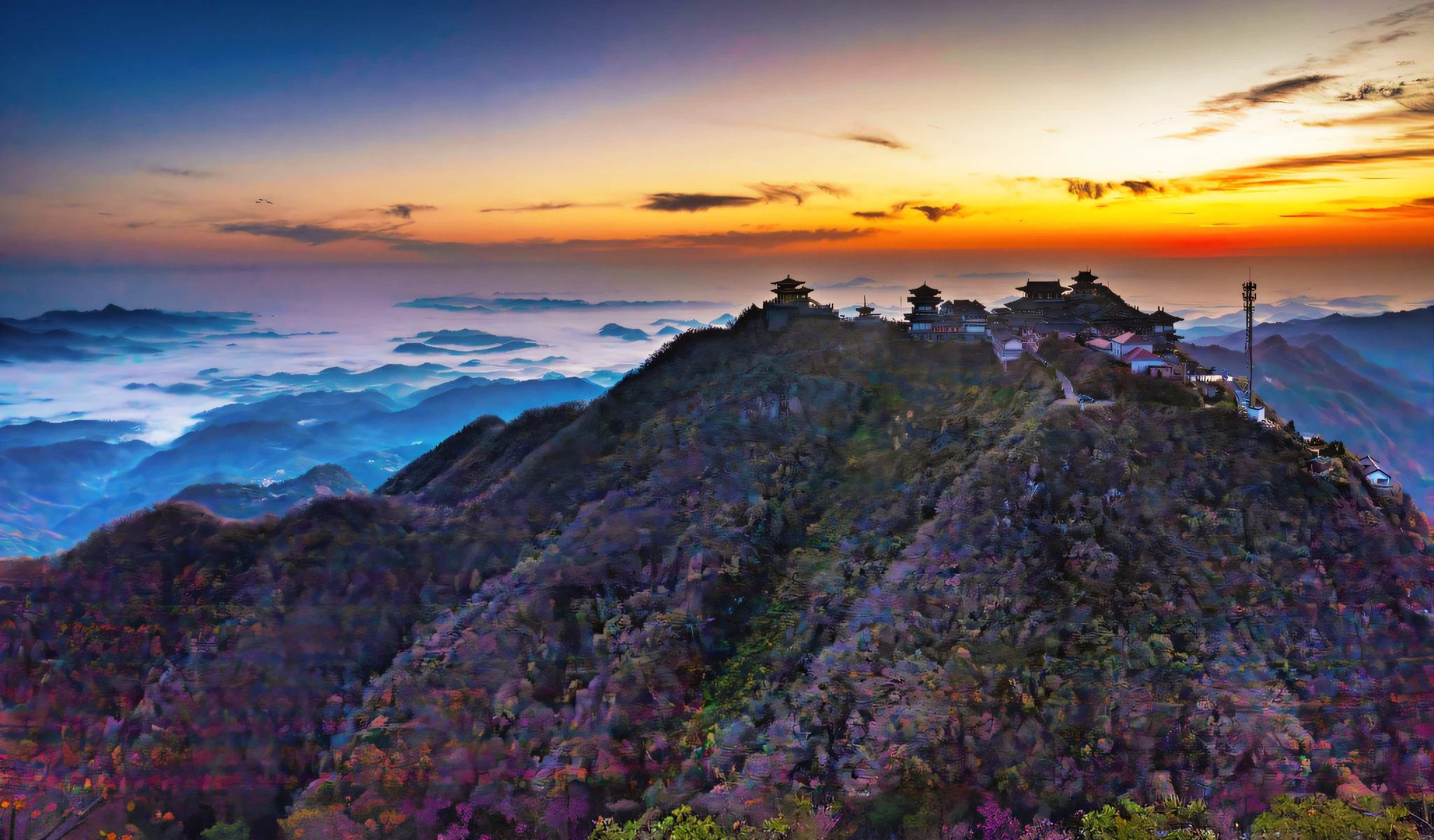 mont,The background is sunset,There are several trees at the top of the hill, japan mountains, like jiufen, Far view, the taoist temples of huangshan, As night fell, At sunrise, pagodas on hills, during sunrise, ehime, Sunrise, mountain water, pochi iida, author:Tadashi Nakayama, dojo on a mountain, the sunset