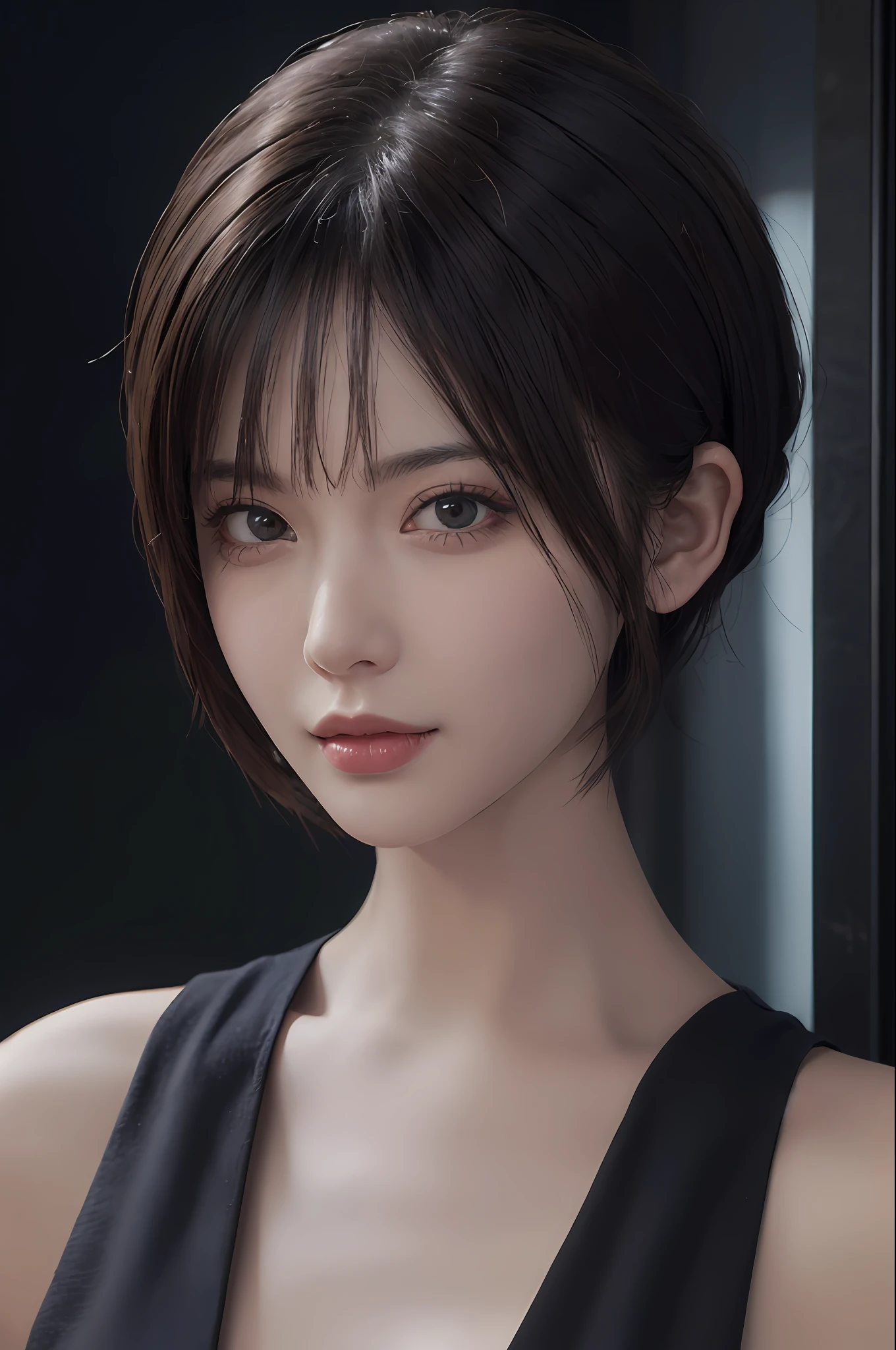 (masuter piece:1.3)、(8K、Photorealsitic、Raw photography、top-quality: 1.4)、18year old、(1girl in)、beautiful countenance、(Lifelike face)、(A dark-haired、short-hair:1.3)、bob cuts、Beautiful hairstyle、realisticeyes、Beautiful details、(real looking skin)、Beautiful skins、absurderes、enticing、超A high resolution、A hyper-realistic、high-detail、the golden ratio