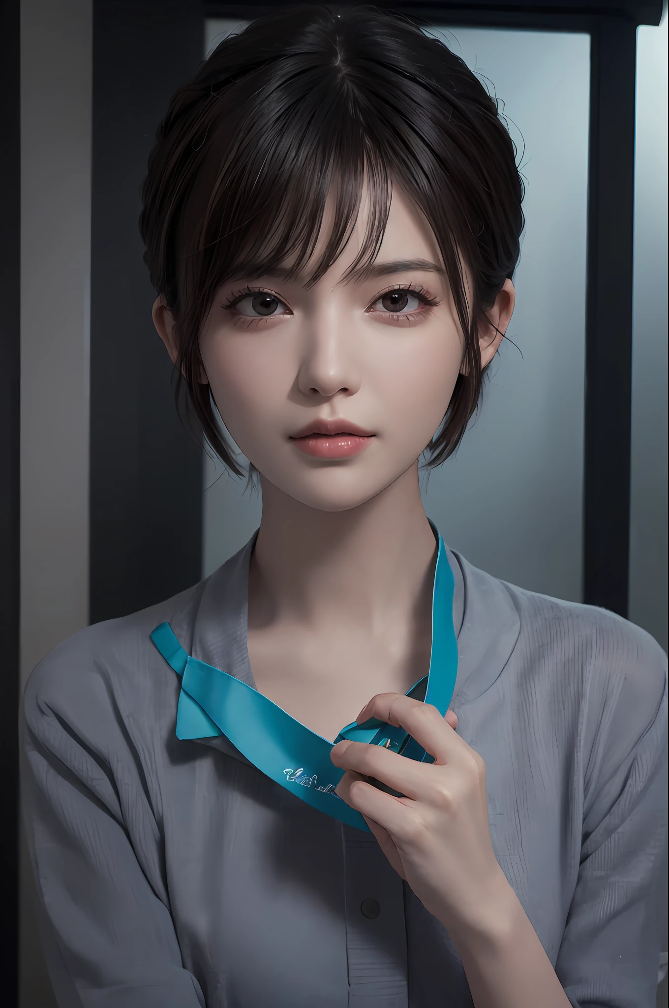 (masuter piece:1.3)、(8K、Photorealsitic、Raw photography、top-quality: 1.4)、18year old、(1girl in)、beautiful countenance、(Lifelike face)、(A dark-haired、short-hair:1.3)、bob cuts、Beautiful hairstyle、realisticeyes、Beautiful details、(real looking skin)、Beautiful skins、absurderes、enticing、超A high resolution、A hyper-realistic、high-detail、the golden ratio
