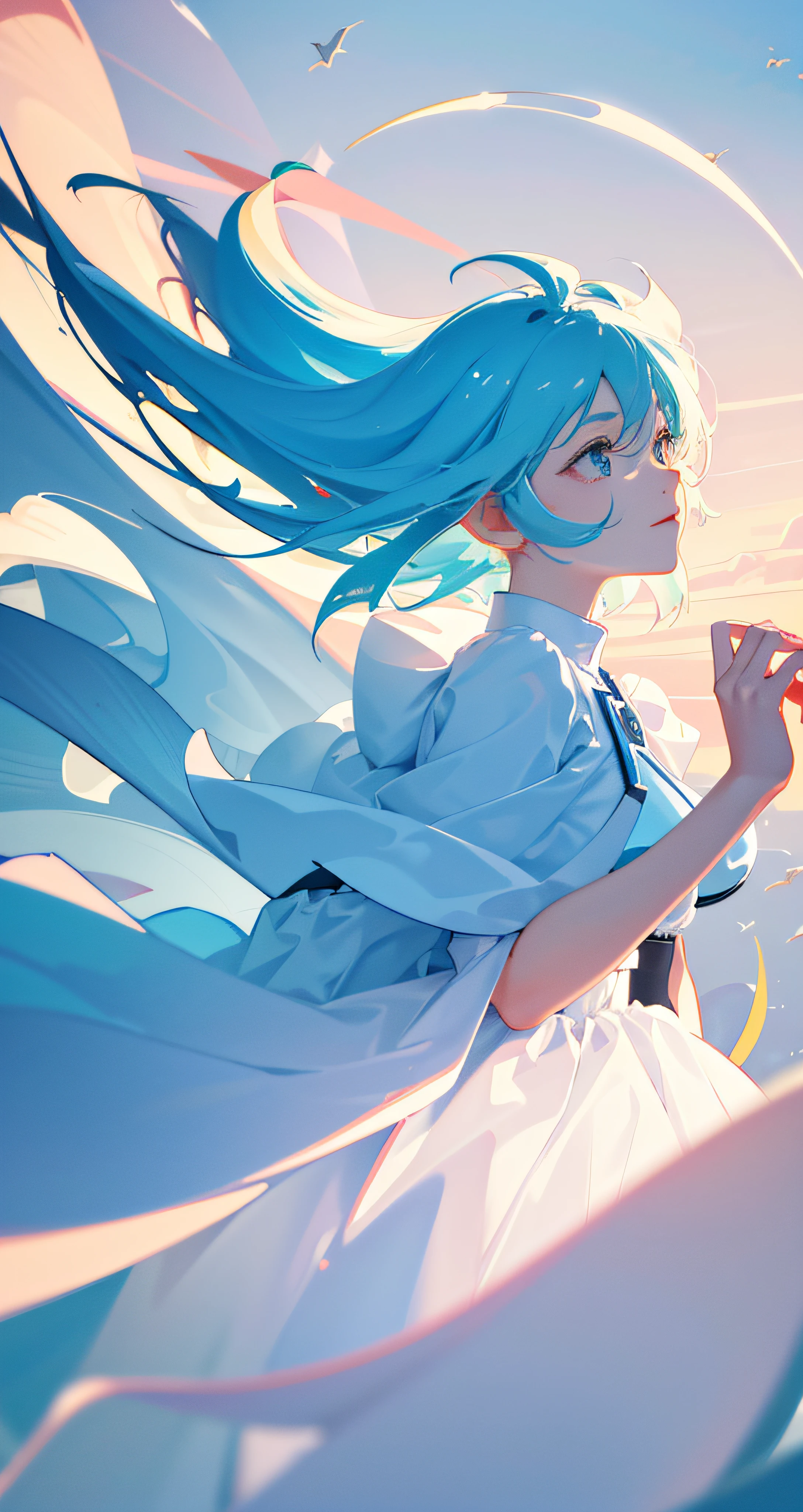 masterpiece, best quality, movie still, 1girl, floating in the sky, cloud girl, cloud, (close-up:1.1), bright, happy, fun, soft lighting, (Bauhaus, shapes, lines, abstract:1.1)