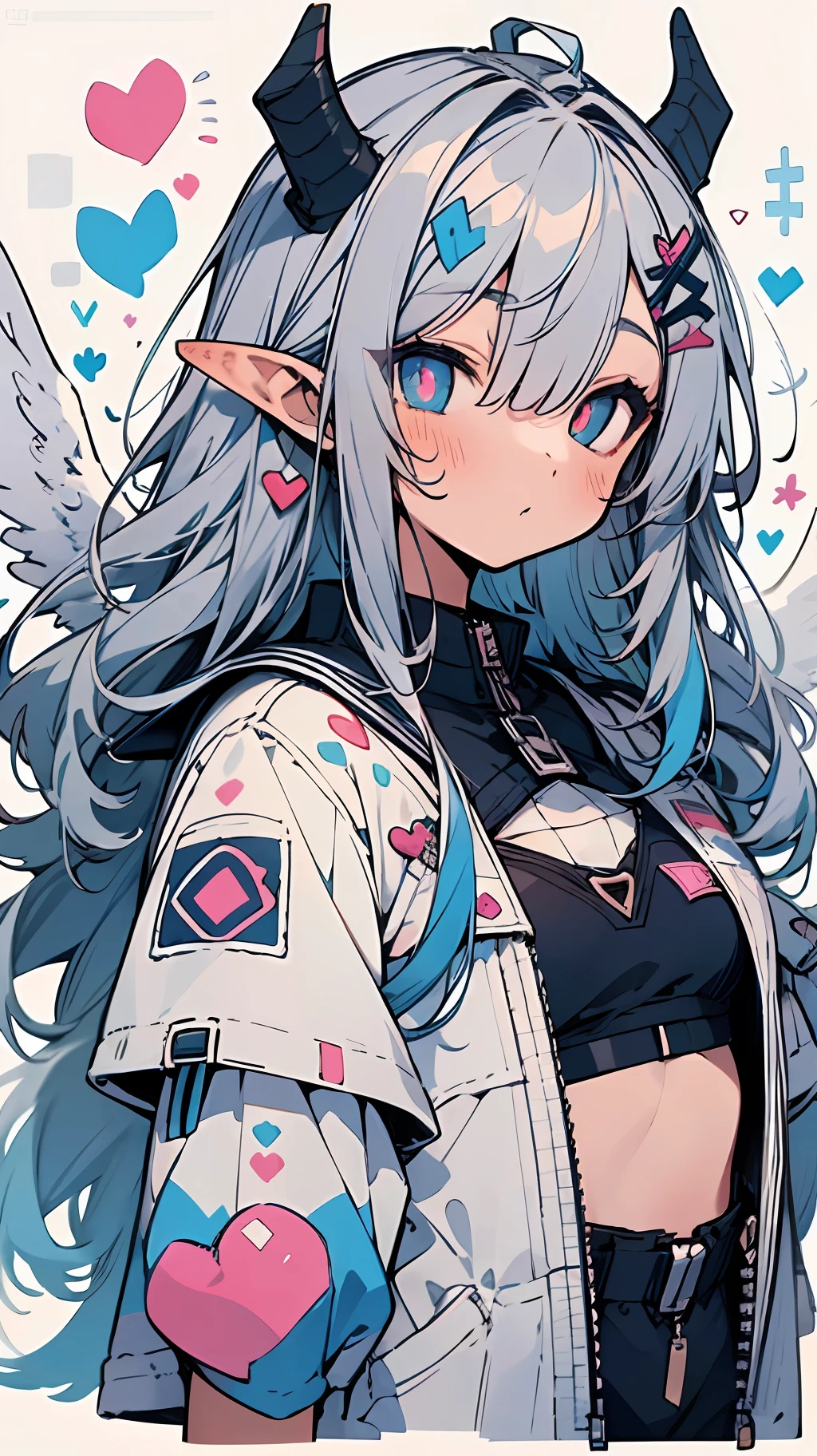 ((Masterpiece, Best quality)), 1girll, (Mature female:1.4), 130mm f1.4 lens, 1girll, Solo, Pointy ears, Heart-shaped pupils, microdress, , Demon Girl, Flat chest, Demon wings, Saturated, Colorful, multicolored hair, Silver hair, blue  hair, Multicolored eyes