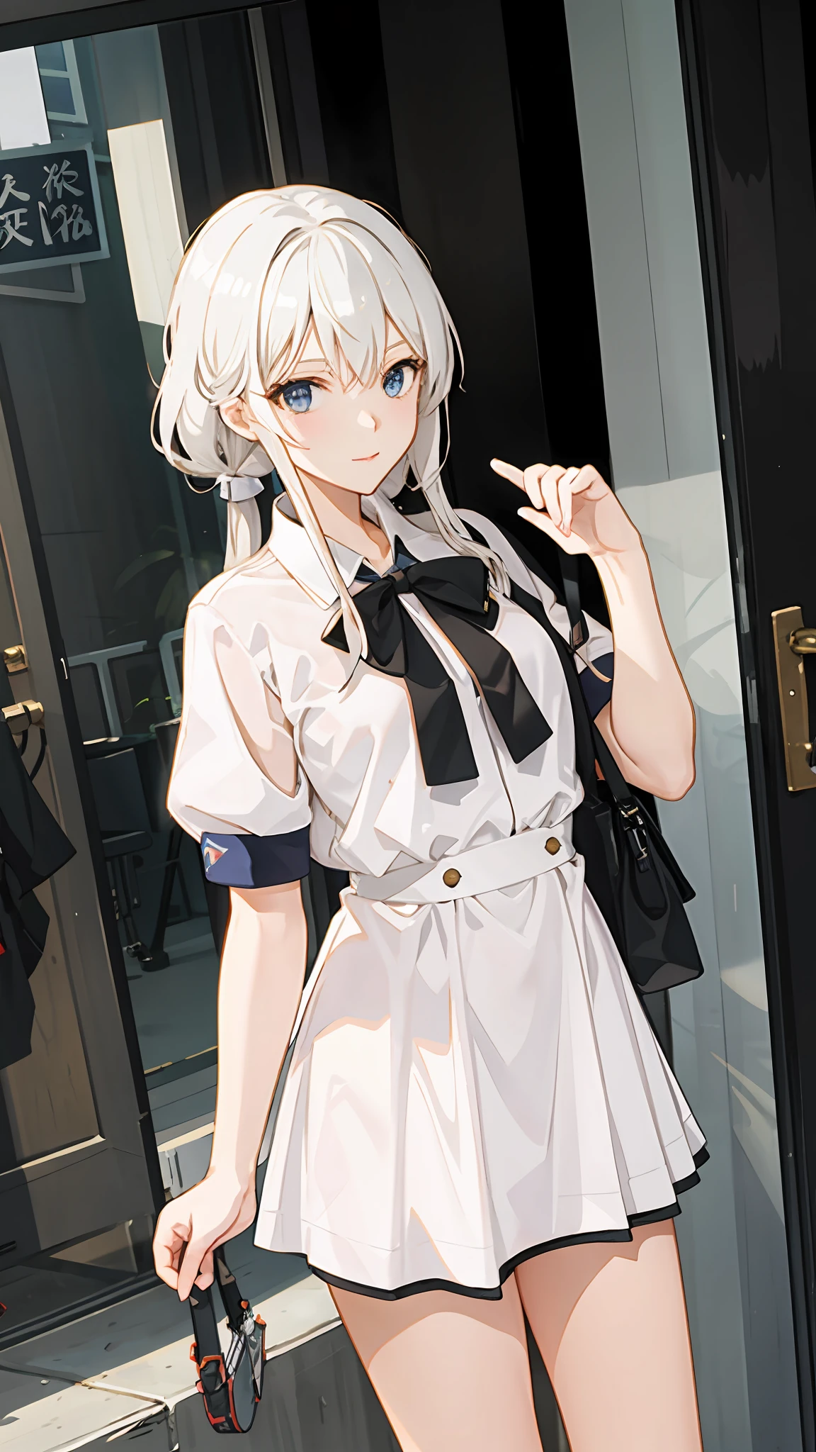 Anime girl poses elegantly for photo in short white skirt,azur lane style,Kantai collection style,White-haired god。