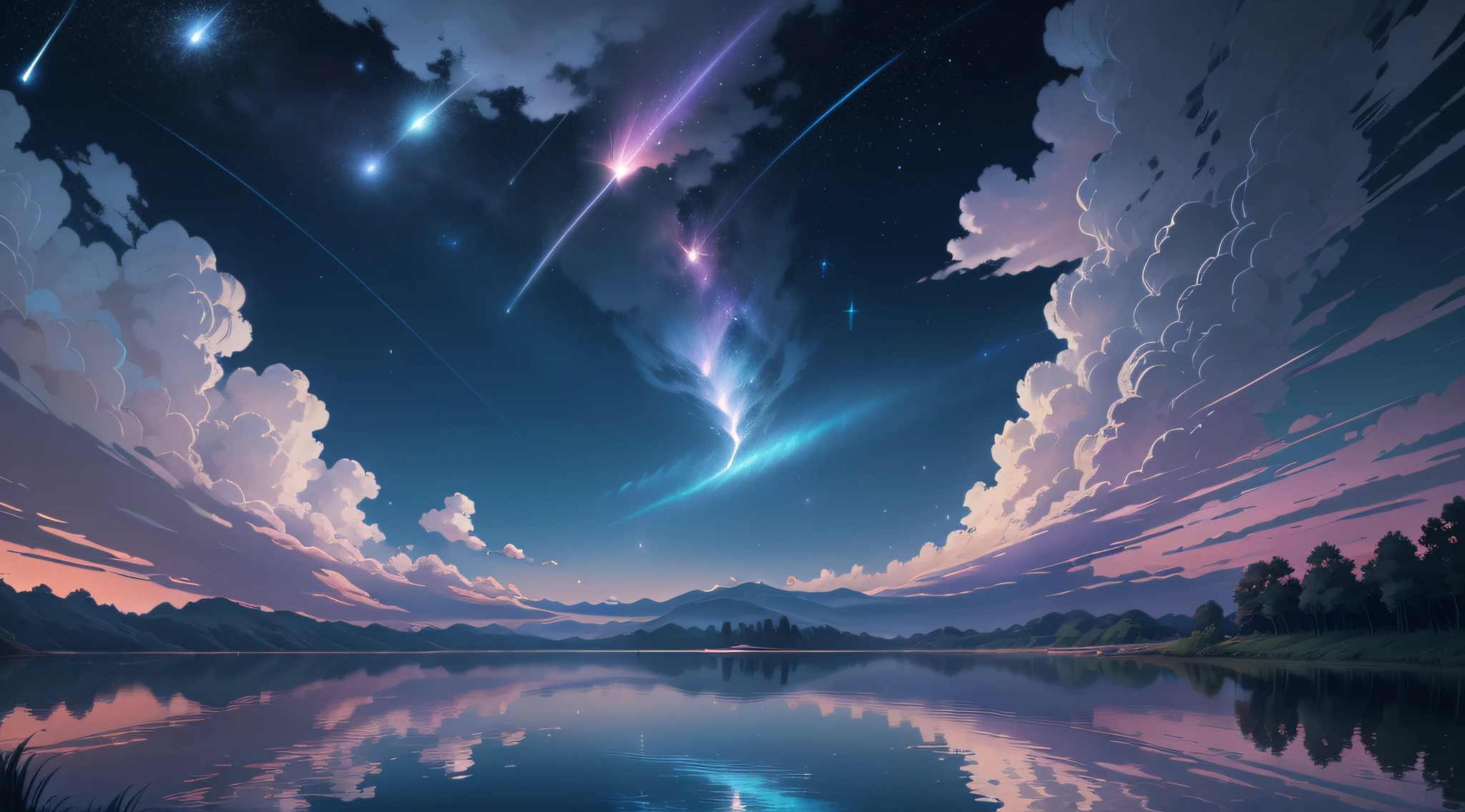 Shooting a painting of shooting stars over the lake, there are two shooting stars, pink and blue shooting stars. The blue sky, the pink-purple lake surface, has a layered color transition. You name it movie style, anime backgrounds, anime movie backgrounds, perfect reflection effects, anime sky, amazing wallpapers, vibrant colors, vibrant colors, bright colors. You name it, colorful anime movie backgrounds, anime clouds, no houses, no buildings, no humans. There are no ships. Beautiful anime scenes, anime background art, cosmic sky. Author: Makoto Shinkai, ufotable art style, anime beautiful peaceful scenes, atmospheric anime