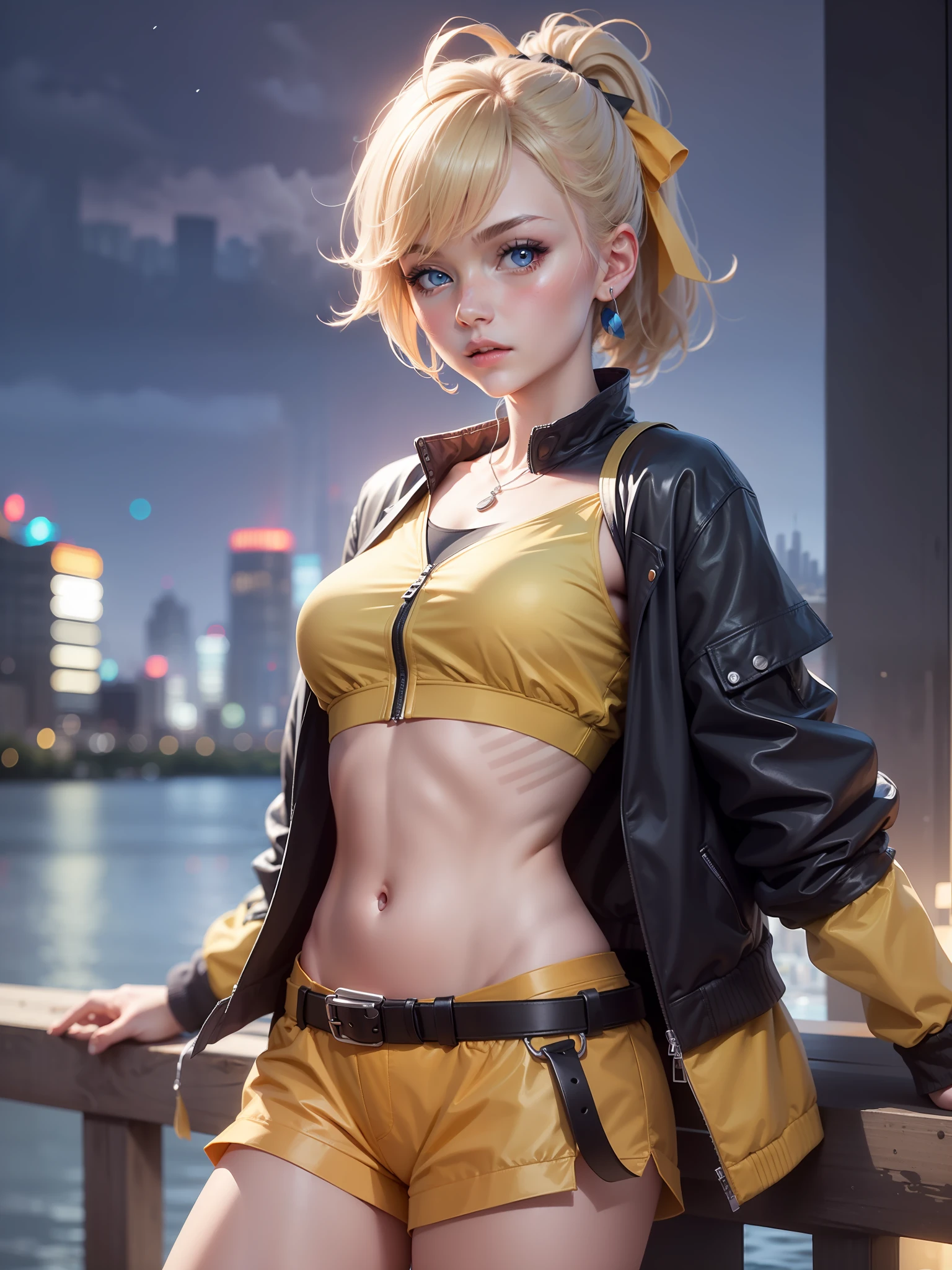 1girl, short hair, jacket, crop top, standing, cityscape, night, lake, navel, looking at viewer, mature female, bangs, arms behind back,hair ribbon, blonde hair, blue eyes, ponytail
