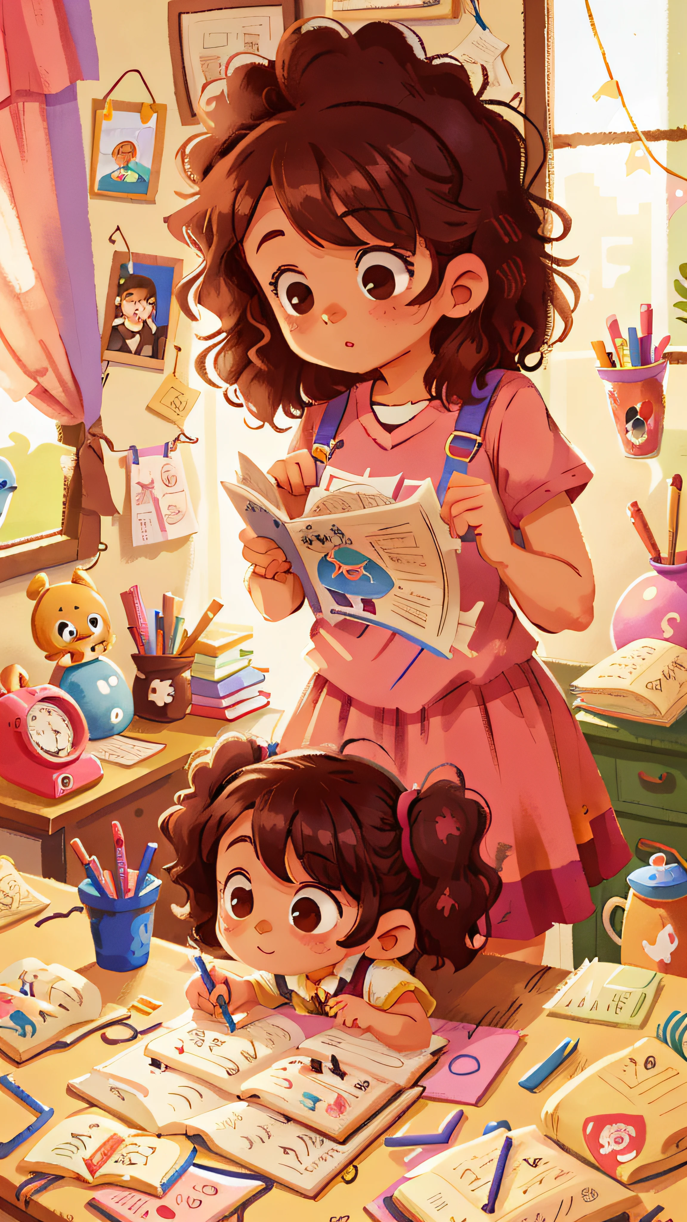 A mom，A little girl doing her homework on a desk，curly brown hair，Paint the room