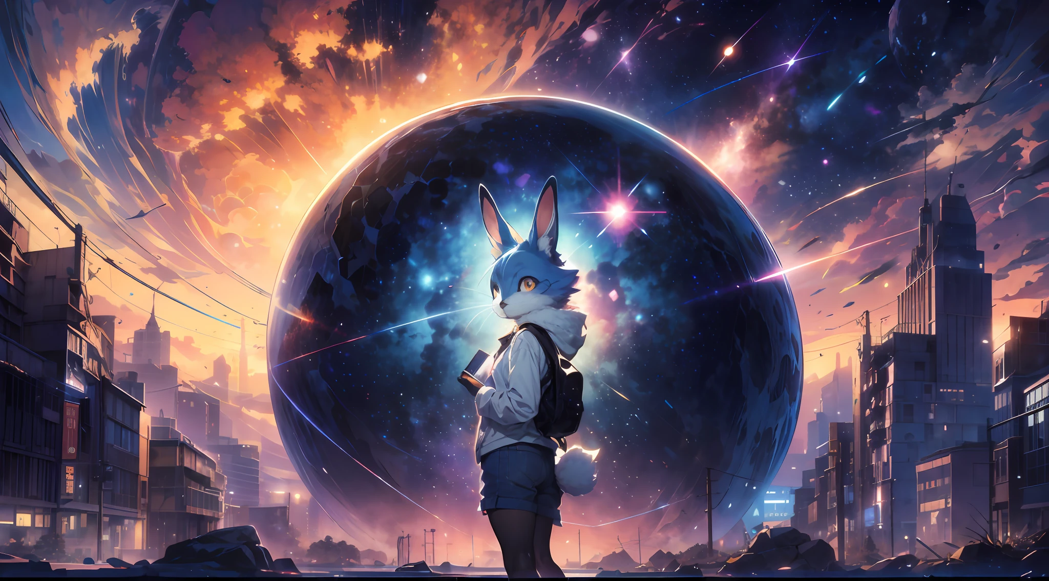 Draw a young female blue kemono beastars furry rabbit anime hacker wearing bunny ears, standing on a research platform floating in the middle of an asteroid belt, turn her back on viewers , surrounded by several asteroids glowing with fiery auras BREAK Dramatic lighting from distant stars and planets illuminates the scene, casting deep shadows on the suit. The young rabbit woman looks confident and determined, looking at the vast and mysterious universe with wonder and respect,BREAK,Detailed,Realistic,4k highly detailed digital art,octane render, bioluminescent, BREAK 8K resolution concept art, realism,by Mappa studios,masterpiece,best quality,official art,illustration,ligne claire,(cool_color),perfect composition,absurdres, fantasy,focused,rule of thirds, (Zen, Amy Sol style), (((beats to relax/study to))), (((Lofi anthro kemono blue-furred rabbit girl, beats to relax/study to))), (((blue kemono beastars furry rabbit anime hacker with small soft furry paws))), (abstract anthro rabbit figure wearing bunny ears), cover art with light abstraction, abstract, simple vector art, contemporary furry anthro kemono anime art, color gradients, soft color palettes, layered forms, whimsical animation, style Ethereal abstract, 4K, --v6
