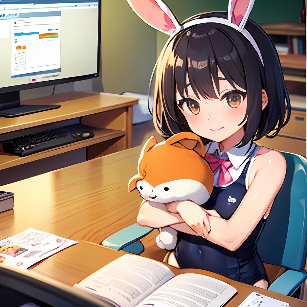 (High Definition CG unity 8K Wallpaper), (The finest Guo(masutepiece, of the highest quality, Kyoto Animation Style Illustration, of the highest quality, Official art, aesthetics, Beautiful details, :1. 2), Break HA,  BREAK,girl, Cute, Cheerful, Loli face, grimace,Black hair,a short bob,tareme, gleaming skin, Hugging a stuffed rabbit,Playboy Bunny, Glossy dark blue school swimsuit, High socks with pink and yellow stripes,Pink Bunny Years Hair Band, Computer operation while eating carrots,break,a desk,Desktop computer on desk,Illustration of cat ear maid on computer monitor,
(school  background,Computer room:1.2),
Ridiculous resolution, Ultra-detailed, Best Quality