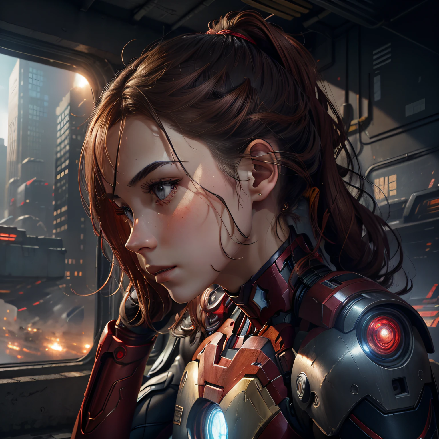 (1girl:1.3), solo,__body-parts__, official art, unity 8k wallpaper, ultra detailed, beautiful and aesthetic, beautiful, masterpiece, best quality, RAW, masterpiece, super fine photo,, best quality, super high Resolution, photorealistic, sunlight, full body portrait, stunningly beautiful,, dynamic pose, delicate face, vibrant eyes, (side view), she is wearing a futuristic Iron Man mech, red and gold, Highly detailed abandoned warehouse background, detailed face, detailed complex busy background, messy, gorgeous, milky, high detailed skin, realistic skin details, visible pores, sharp focus, volumetric fog, 8k uhd, dslr camera, High quality, film grain, fair skin, photorealism, lomography, sprawling metropolis in a futuristic dystopia, view from below, translucent --auto