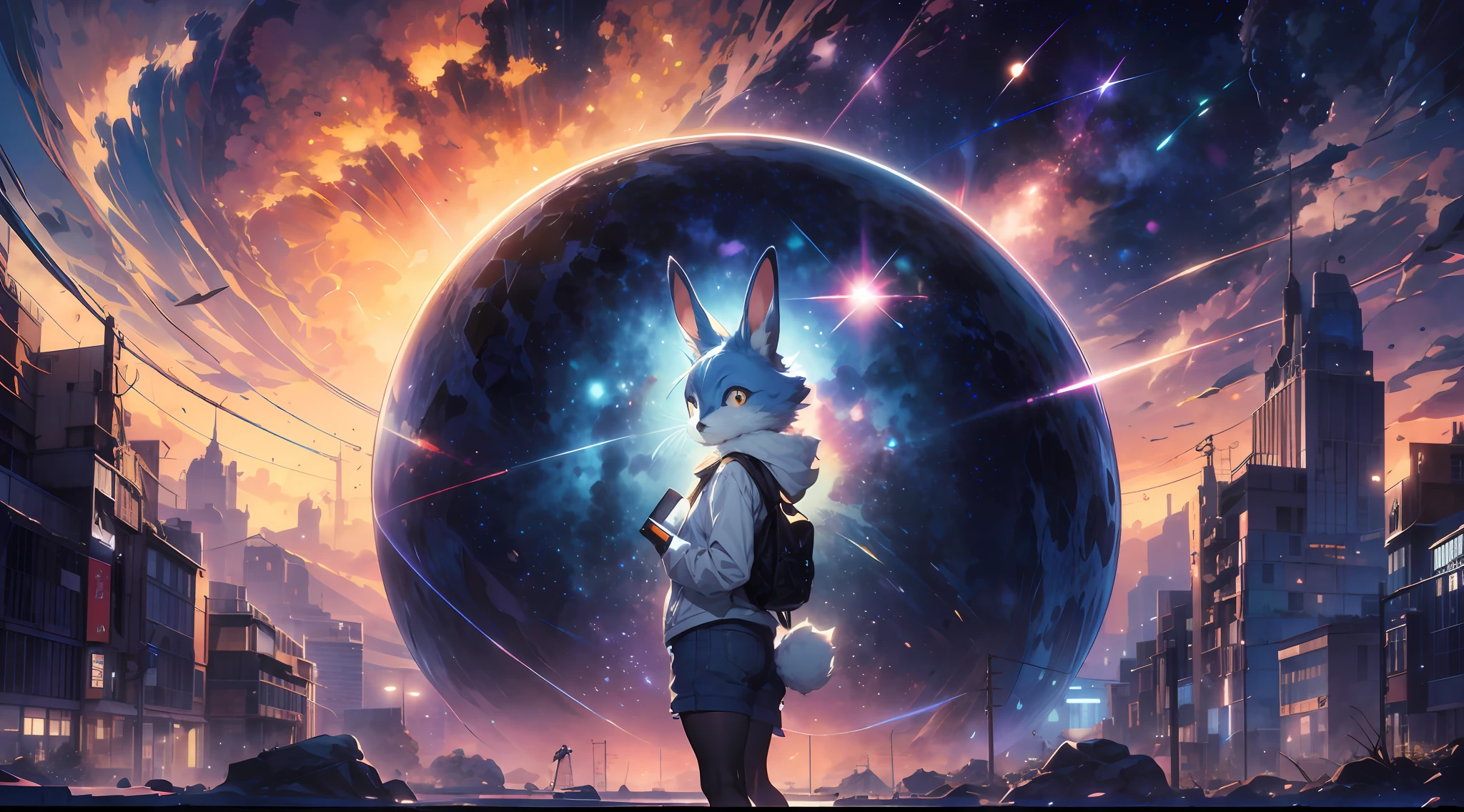 Draw a young female blue kemono beastars furry rabbit anime hacker wearing bunny ears, standing on a research platform floating in the middle of an asteroid belt, turn her back on viewers , surrounded by several asteroids glowing with fiery auras BREAK Dramatic lighting from distant stars and planets illuminates the scene, casting deep shadows on the suit. The young rabbit woman looks confident and determined, looking at the vast and mysterious universe with wonder and respect,BREAK,Detailed,Realistic,4k highly detailed digital art,octane render, bioluminescent, BREAK 8K resolution concept art, realism,by Mappa studios,masterpiece,best quality,official art,illustration,ligne claire,(cool_color),perfect composition,absurdres, fantasy,focused,rule of thirds, (Zen, Amy Sol style), (((beats to relax/study to))), (((Lofi anthro kemono blue-furred rabbit girl, beats to relax/study to))), (((blue kemono beastars furry rabbit anime hacker with small soft furry paws))), (abstract anthro rabbit figure wearing bunny ears), cover art with light abstraction, abstract, simple vector art, contemporary furry anthro kemono anime art, color gradients, soft color palettes, layered forms, whimsical animation, style Ethereal abstract, 4K, --v6