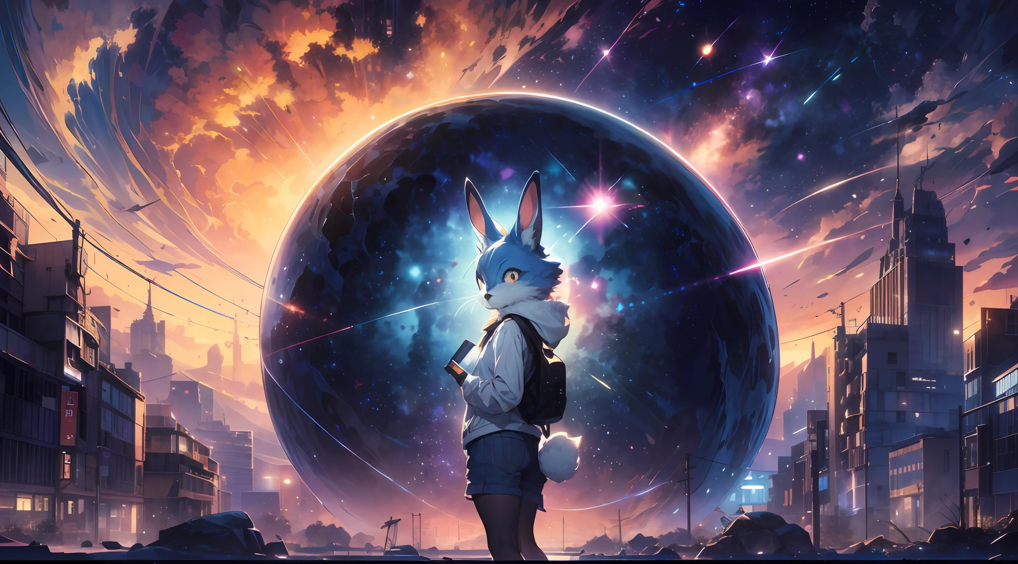 Draw a young female blue kemono beastars furry rabbit anime hacker wearing bunny ears, standing on a research platform floating in the middle of an asteroid belt, turn her back on viewers , surrounded by several asteroids glowing with fiery auras BREAK Dramatic lighting from distant stars and planets illuminates the scene, casting deep shadows on the suit. The young rabbit woman looks confident and determined, looking at the vast and mysterious universe with wonder and respect,BREAK,Detailed,Realistic,4k highly detailed digital art,octane render, bioluminescent, BREAK 8K resolution concept art, realism,by Mappa studios,masterpiece,best quality,official art,illustration,ligne claire,(cool_color),perfect composition,absurdres, fantasy,focused,rule of thirds, (Zen, Amy Sol style), (((beats to relax/study to))), (((Lofi anthro kemono blue-furred rabbit girl, beats to relax/study to))), (((blue kemono beastars furry rabbit anime hacker with small soft furry paws))), (abstract anthro rabbit figure wearing bunny ears), cover art with light abstraction, abstract, simple vector art, contemporary furry anthro kemono anime art, color gradients, soft color palettes, layered forms, whimsical animation, style Ethereal abstract, 4K, --v6