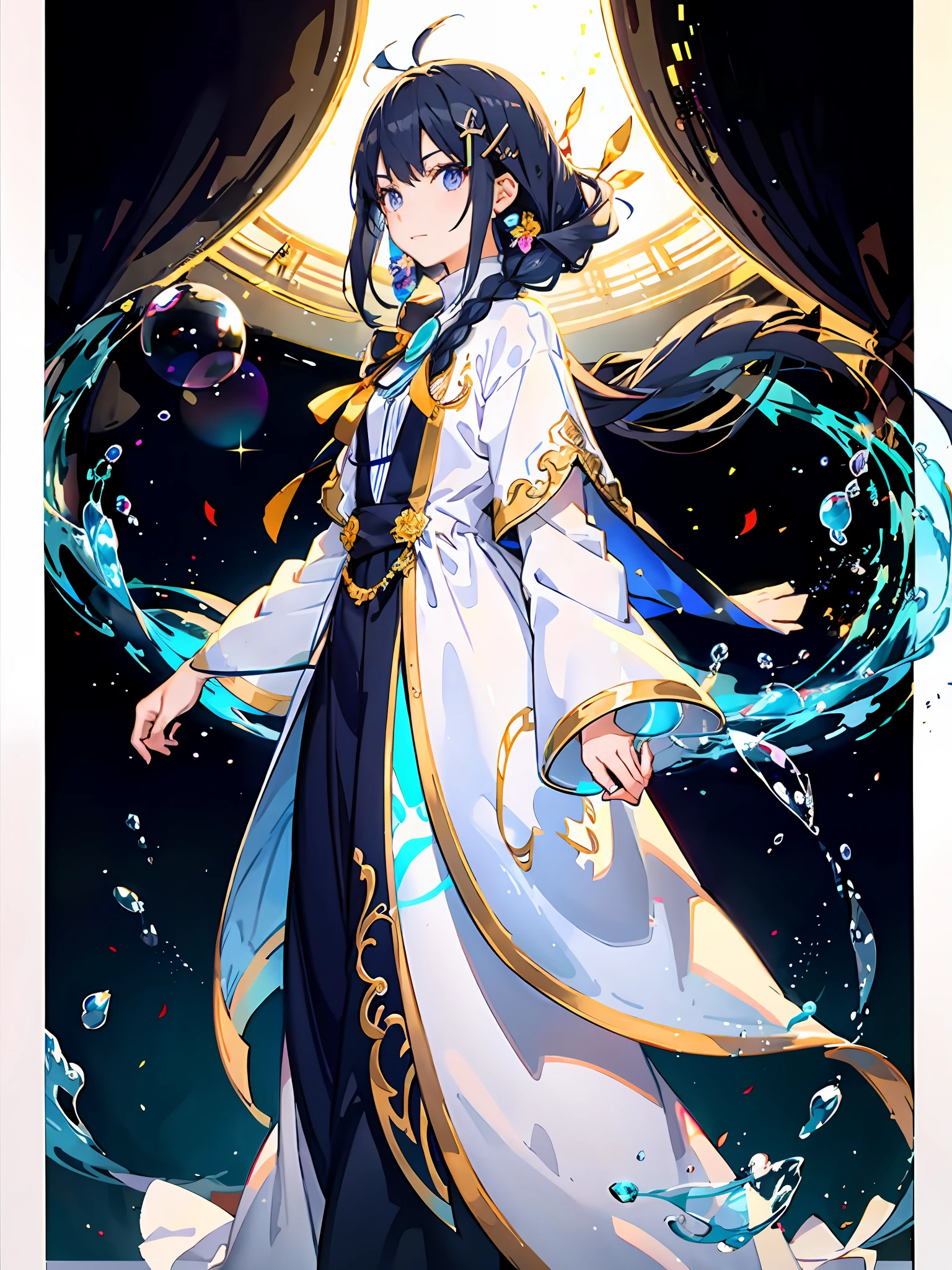Anime girl with flower hairpins, A beautyful girl,Amazing anime is back, Walk towards the fire,A ray of light shines on the eyes,There are colored bubbles behind the hair,Bubbles glow