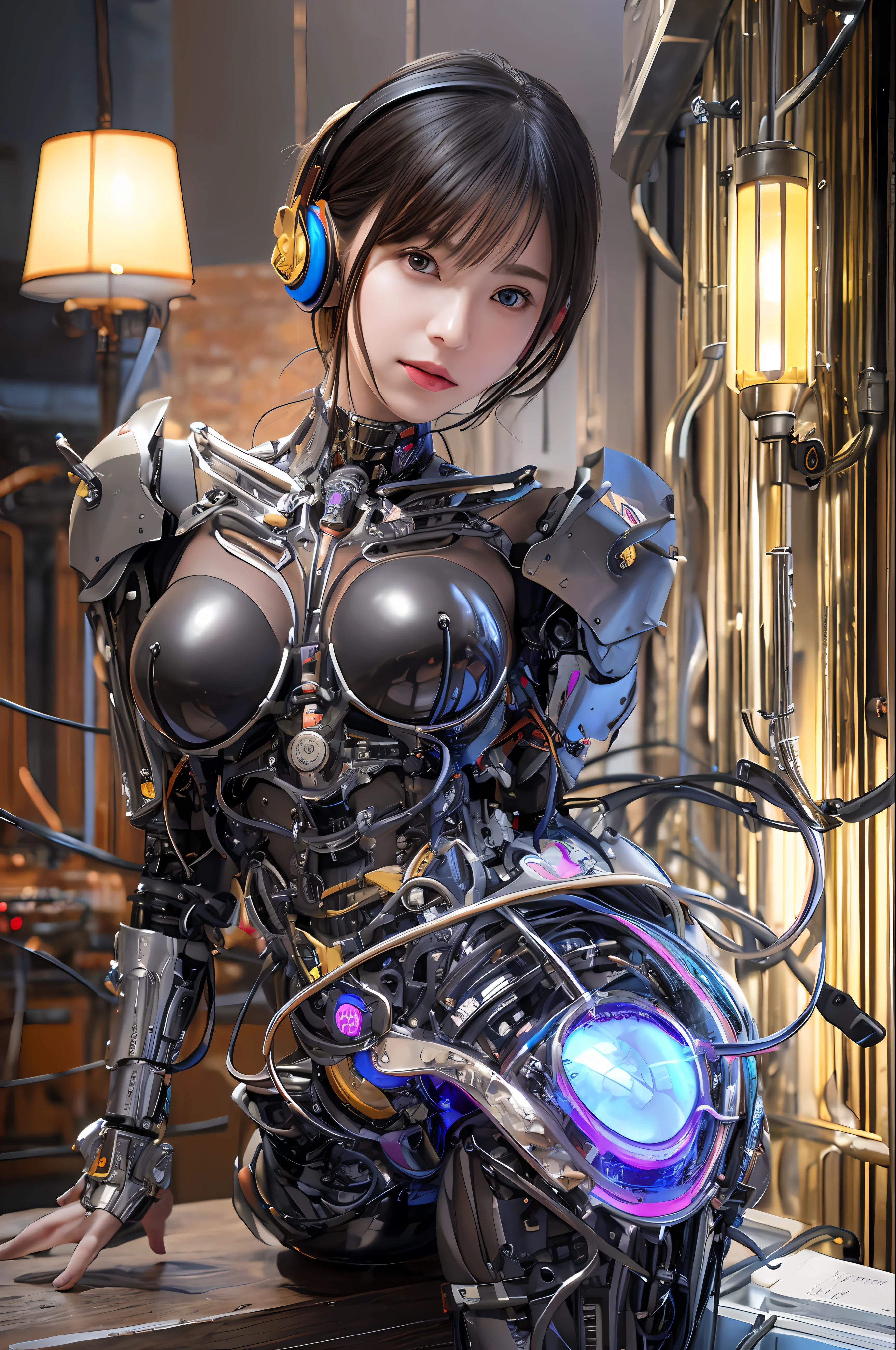 top-quality、​masterpiece、超A high resolution、(Photorealsitic:1.4)、Raw photo、Black hair、glowy skin、1 Cyborg Girl、((super realistic details))、portlate、Global Illumination、Shadow、octan render、8K、ultrasharp、Colossal tits、Raw skin is exposed in cleavage、Bionic Cyborg Girl、Black fiberglass body、Insect specifics、Biological curve form、Hydraulic cylinder、highly intricate detail、Realistic light、CGSoation Trends、a purple eye、radiant eyes、Facing the camera、neon details、blood vessels connected to tubes、Mechanical vertebrae attached to the back、mechanical cervical attaching to neck、sitting on、Wires and cables connecting to the head、Gorgeous headset、Glowing LED lamp、The background is a steampunk room、