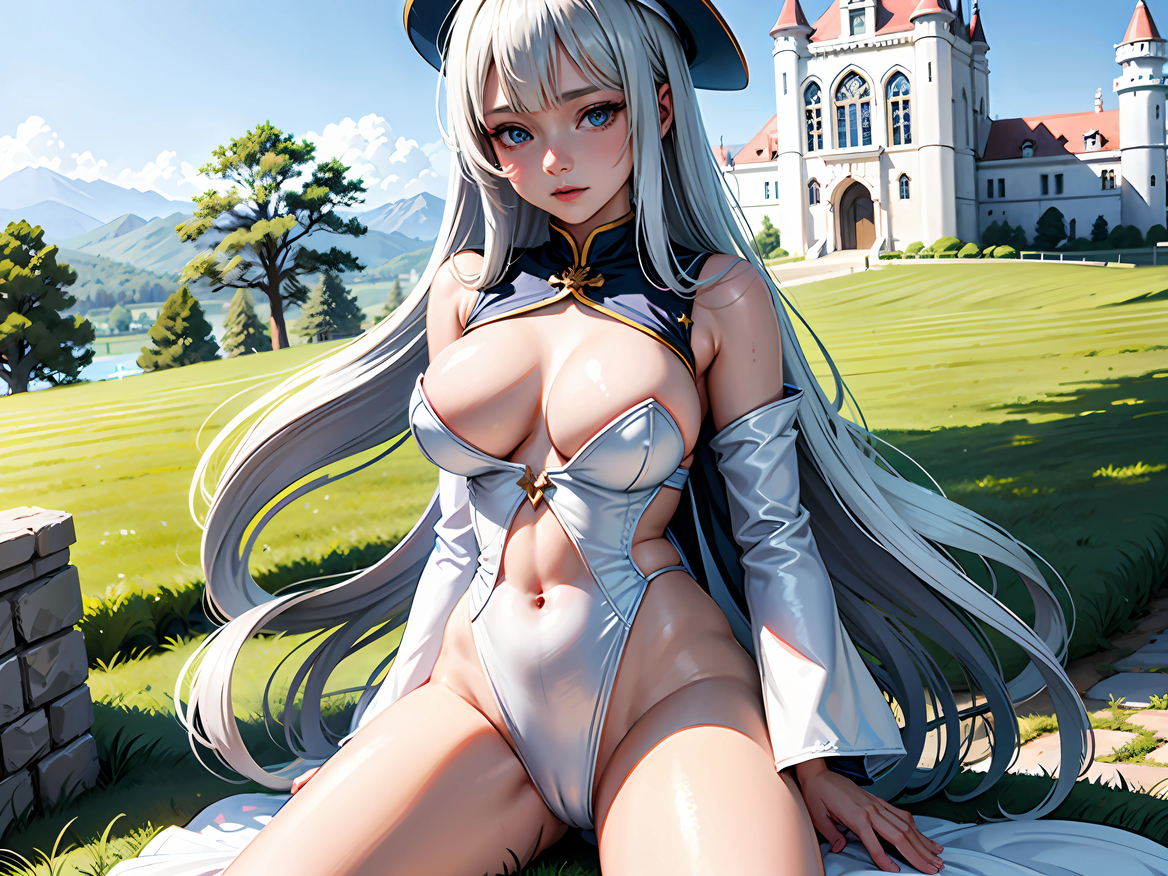 Blonde long-haired anime girl posing in front of an abandoned castle、Zodiac Girl Knight、anime goddess、pale blue armor、white haired god、Cloak richly decorated in red、Erotic、Colossal tits、Increased exposure、Black High Leg 、SFW、blue eyess、Big brimmed black witch hat、high knee socks、Slightly pocchari