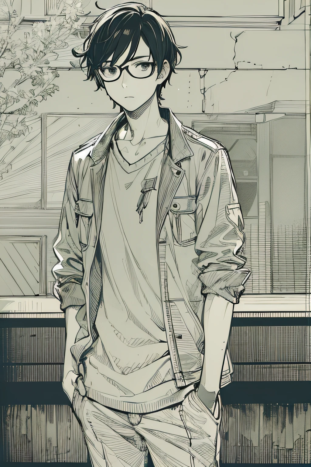 masterpiece, top-quality, 1male people, 校服, hands on pockets, eye glasses, A dark-haired, black eyes, a street, monochromes, line-drawing