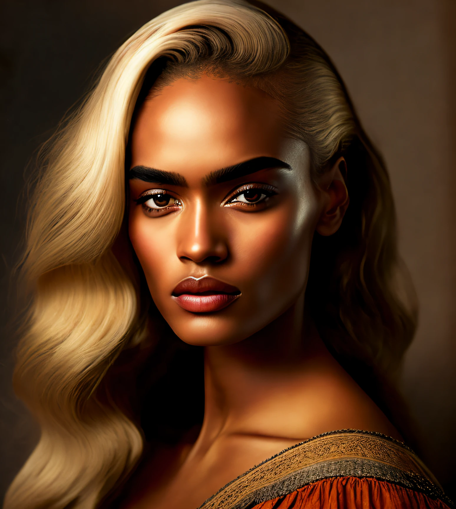 blonde woman, brown skin, brown eyes, tall, slim, sensual, realistic photo, studio lighting, frida khalo eyebrows