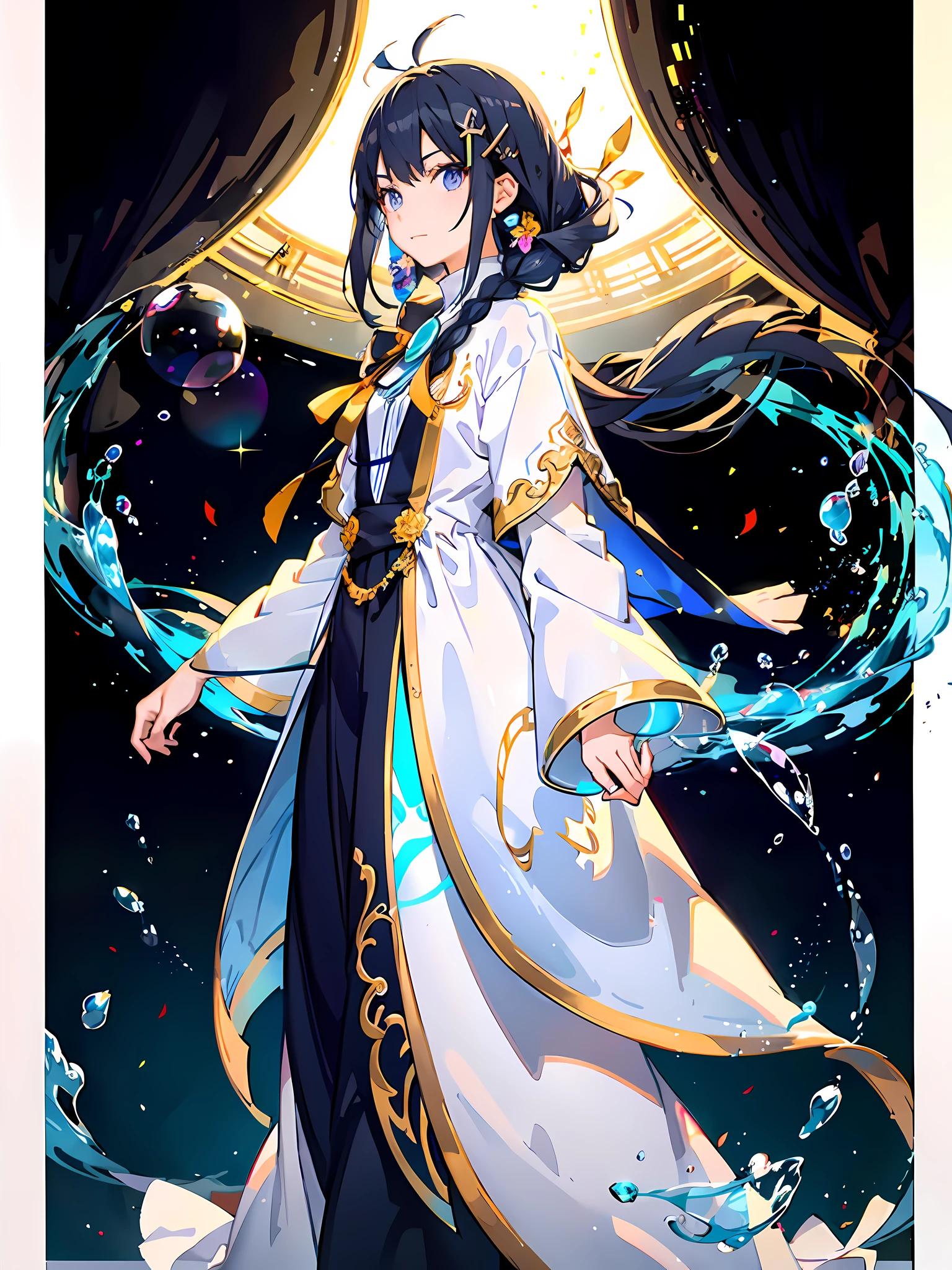 Anime girl with flower hairpins, A beautyful girl，Amazing anime is back, Walk towards the fire，A ray of light shines on the eyes，There are colored bubbles behind the hair，Bubbles glow
