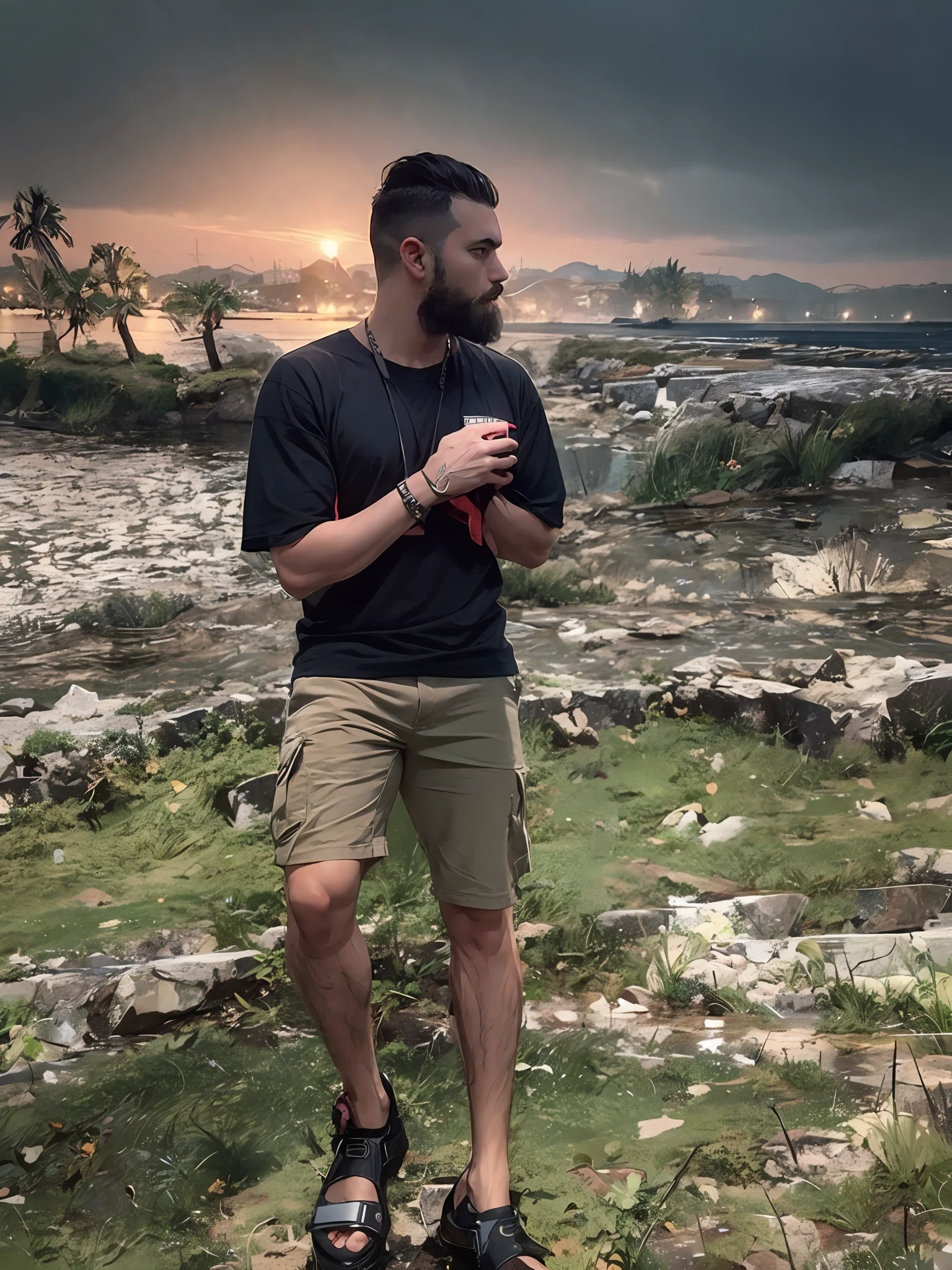 Change back ground to dark bar, man posing dude, beard man in buzz cut hair, muscular, alone man