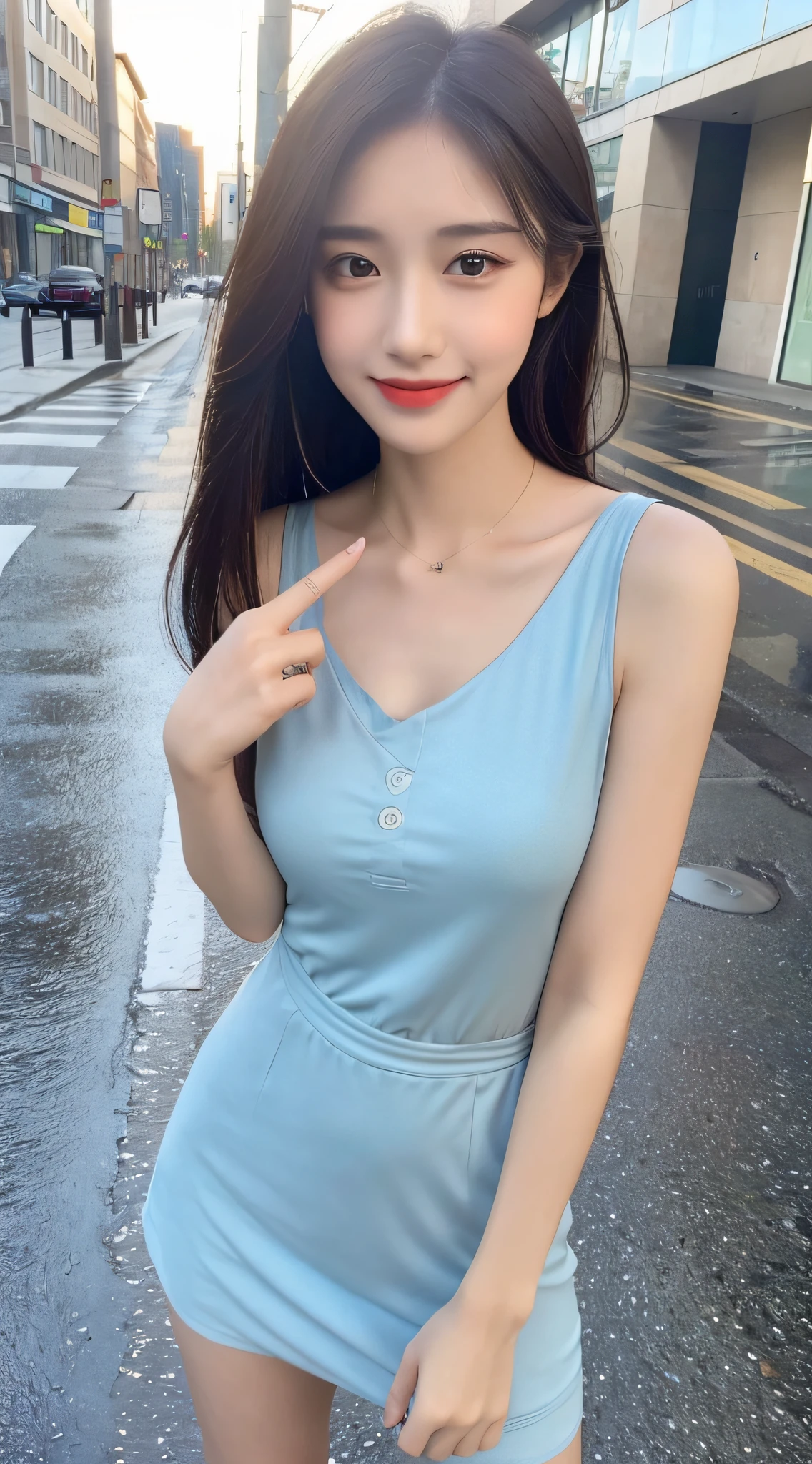 ((Best Quality, 8K, Masterpiece:1.3)), Focus: 1.2, Perfect Body Beauty: 1.4, Buttocks: 1.2, ((Hairstyle Random, Collarbone: 1.2)), (Short Skirt: 1.1) , (Rain, Street:1.3), Highly detailed face and skin texture, Fine eyes, Double eyelids, Whitened skin, Long hair, smile, Long legs: 1.5, Full body: 1.5, Best proportions of four fingers and one thumb, Smiley face, Face texture: 1.3, Sunshine, Summer, collarbone, beautiful eyes, real face, real skin, realistic face, realistic skin, detailed eyes, detailed facial features, detailed clothing features, detailed face, tight, tight fit, girly dress random, background plane: 1.5, upper body without showing chest