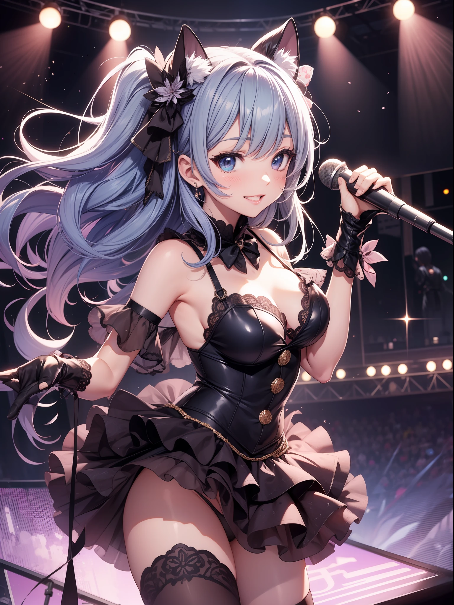 absurderes、ultra-detailliert、​masterpiece、top-quality、BREAK、Official art、（Beautifully Aesthetic：１.２）、BREAK、Devilish Pretty Girl 1.2、a beauty girl、（kawaii：⒈３）、、BREAK、colourful hair、Splash、（Mixed blue and pink hair：１.２）、(フラクタルアート1.３)、BREAK、Cat's ears、A sexy、（Cat gloves、Fluffy hands）、BREAK、Like a cat's paw、Short socks、human - shaped、BREAK、AI Concert、BREAK、random eyes、BREAK、Since a while ago、Look at viewers、BREAK、((Above the live stage))、(Cute idol costume、The Idolmaster costume)、Sing while holding the microphone with your left hand、Neon Detail Spotlight、BREAK、BREAK、Shyness、tension、red blush、(Face smiling happily with butt sticking out)、The best smile、BREAK、Versatile poses、BREAK、Standing、BREAK、(Cute Panty Shot Chiller、Cute embroidered string panties)