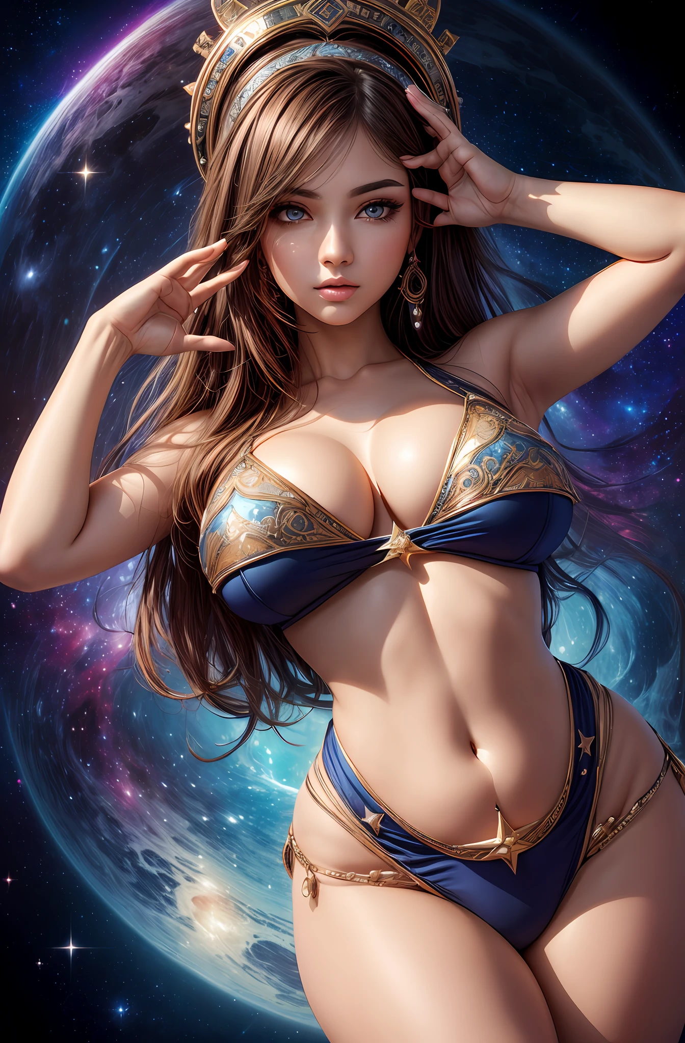 (Celestial Groove:1.2), (Galaxy Rhythm:1.1), (Stellar Beats:1.1), exotic girl, indian, (energetic poses:1.2), (Big Tits:1.3), clear curvy details, beautiful curves, detailed eyes, detailed pupil, Ultra Detailed, ultra detailed, aesthetic, masterpiece, best quality, photorealistic
