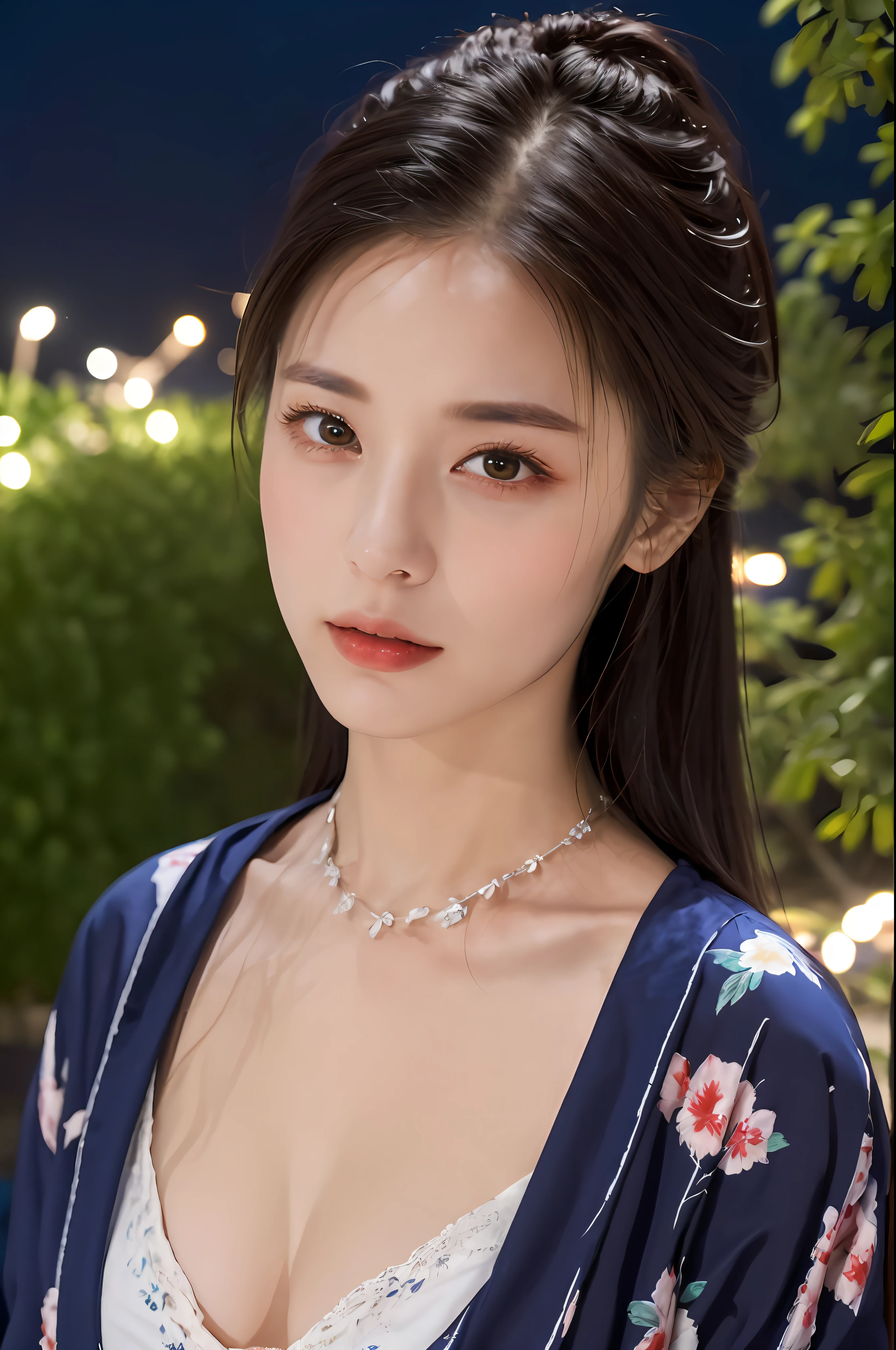 ((​masterpiece、top-quality、ultra-definition、hight resolution))、独奏、a beauty girl、radiant eyes、perfect  eyes、Japan's beautiful sister、A large yukata、pronounced cleavage、Yukata with red floral pattern、Fireworks at night in the background、high-level image quality、4K. Erotic eyes