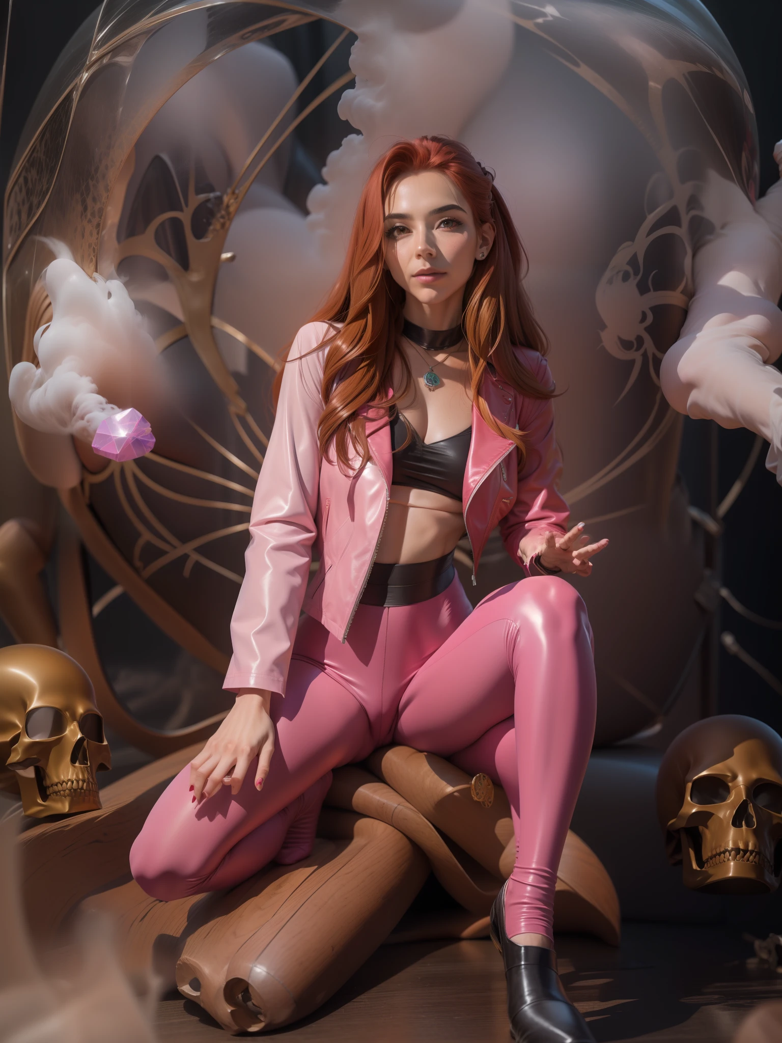 a sexy red-haired witch wearing a modern leather jacket and pink yoga pants, adorned with many magical accessories, casting a red magic circle, with a background of pink smoke and many skulls, in a seductive pose.
black leather jacket, pink yoga pants, black boots, pentagram necklace, crystal earrings, dark background, sultry and mysterious expression, Canon EOS R5 camera, Fujifilm Fujicolor Pro 400H film, 50mm lens, high saturation, Tim Burton, David LaChapelle, Sofia Coppola, Gucci, Alexander McQueen