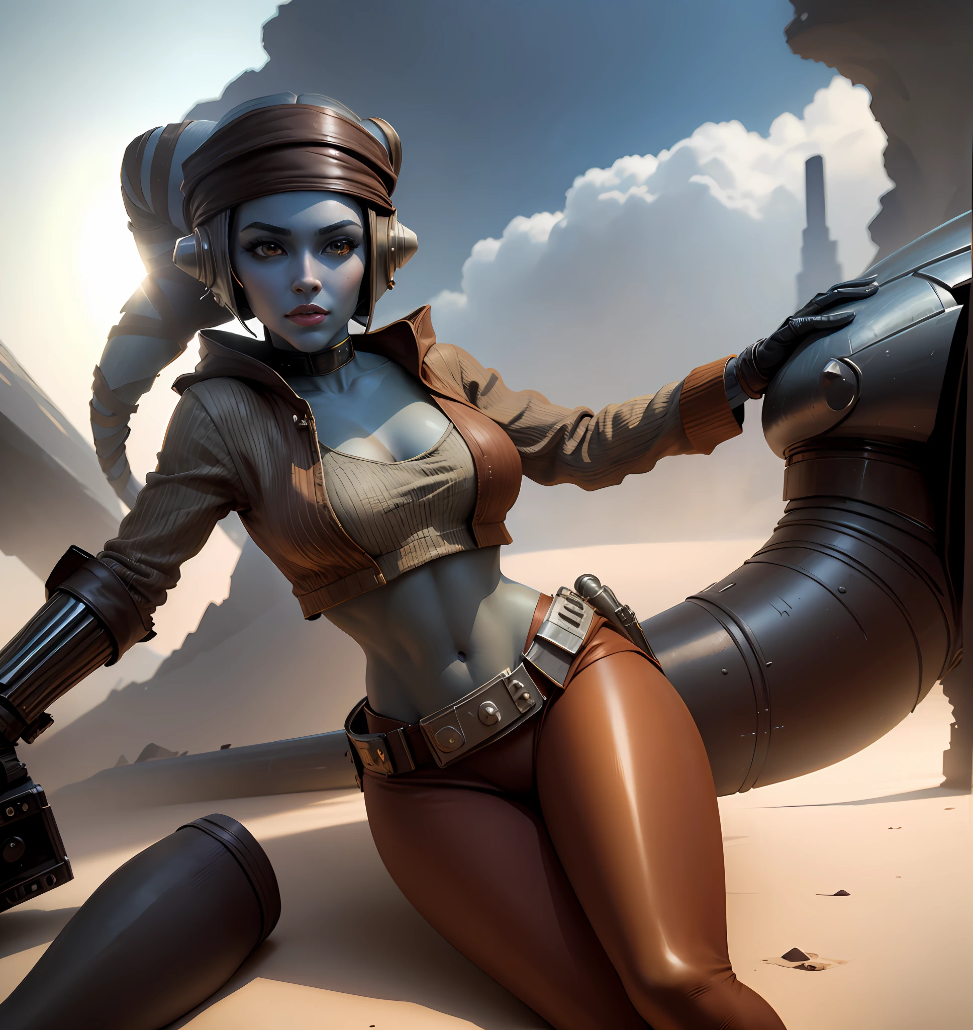 artgerm julie bell beeple, cgsociety inspired, 3 d render character art 8 k, portrait beautiful sci - fi girl, wlop. scifi, cgsociety masterpiece, sci fi female character, stunning cgsociety, trending in cgsociety, show full body, twi'lek, naughty smile, colorize skin on red, colorize eyes on green, star wars ship, bounty hunter, lekku on front, sexy pilot outfit, remove headband, put lekku on front