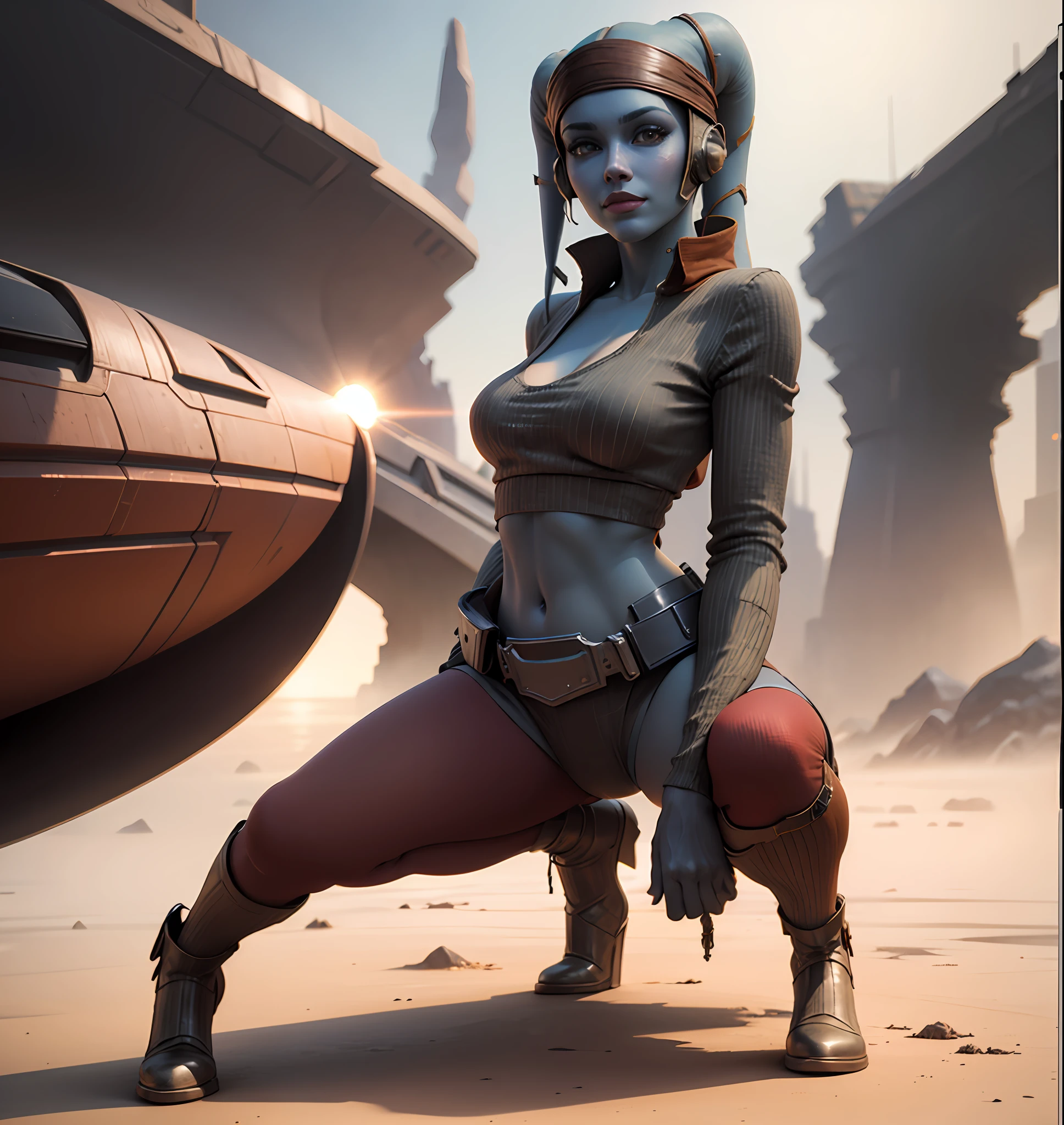 artgerm julie bell beeple, cgsociety inspired, 3 d render character art 8 k, portrait beautiful sci - fi girl, wlop. scifi, cgsociety masterpiece, sci fi female character, stunning cgsociety, trending in cgsociety, show full body, twi'lek, naughty smile, colorize skin on red, colorize eyes on green, star wars ship, bounty hunter, lekku on front, sexy skinny outfit, remove headband, naughty, stunning pose